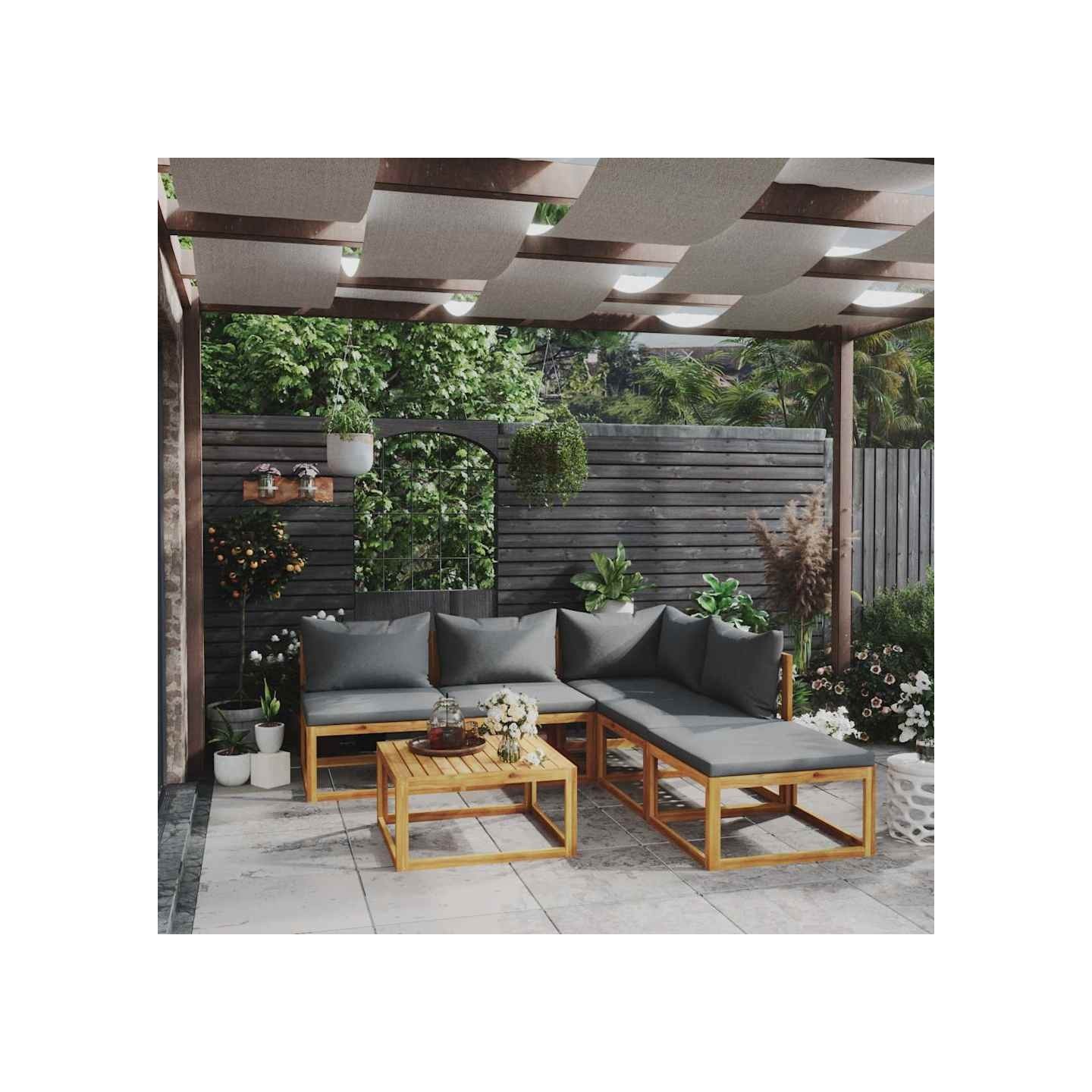 Salon de jardin 6 pcs avec coussin Bois d'acacia solide