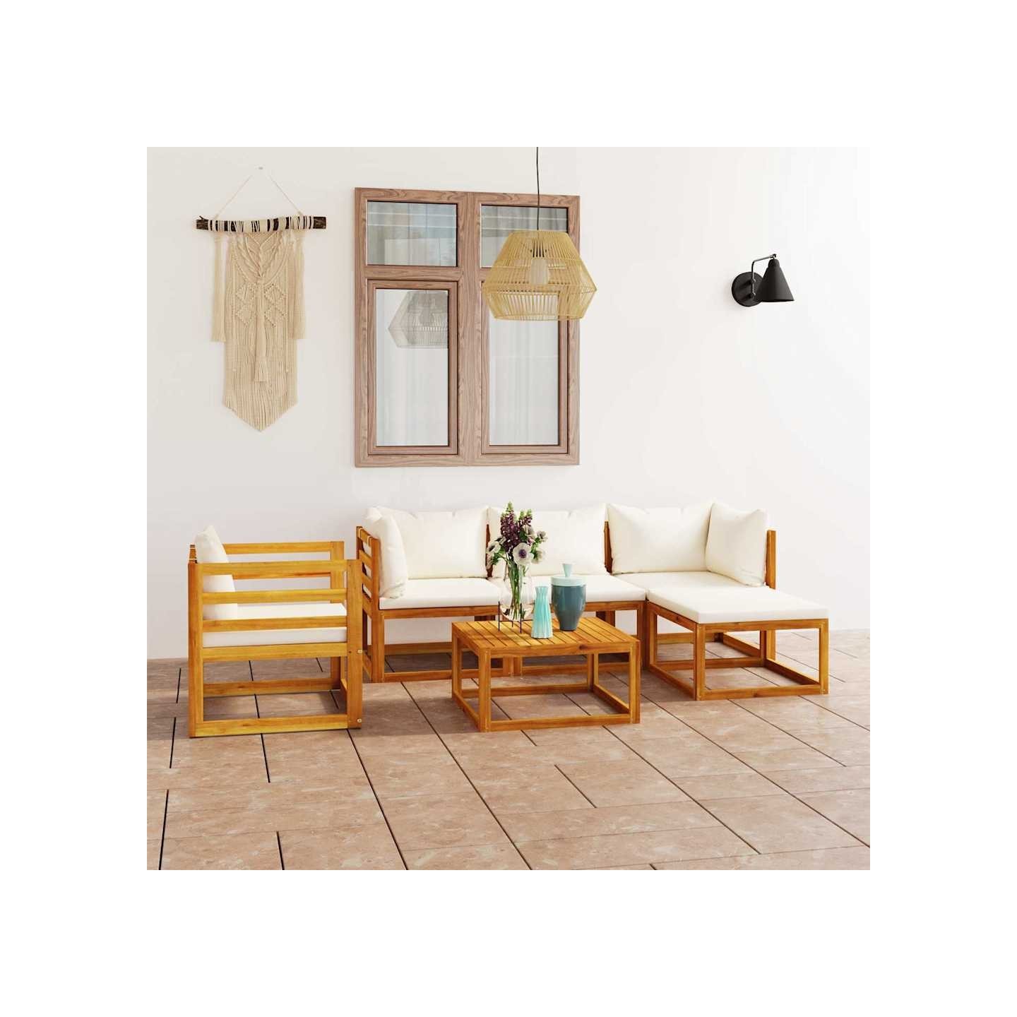 Salon de jardin 6 pcs avec coussin Crème Bois d'acacia solide