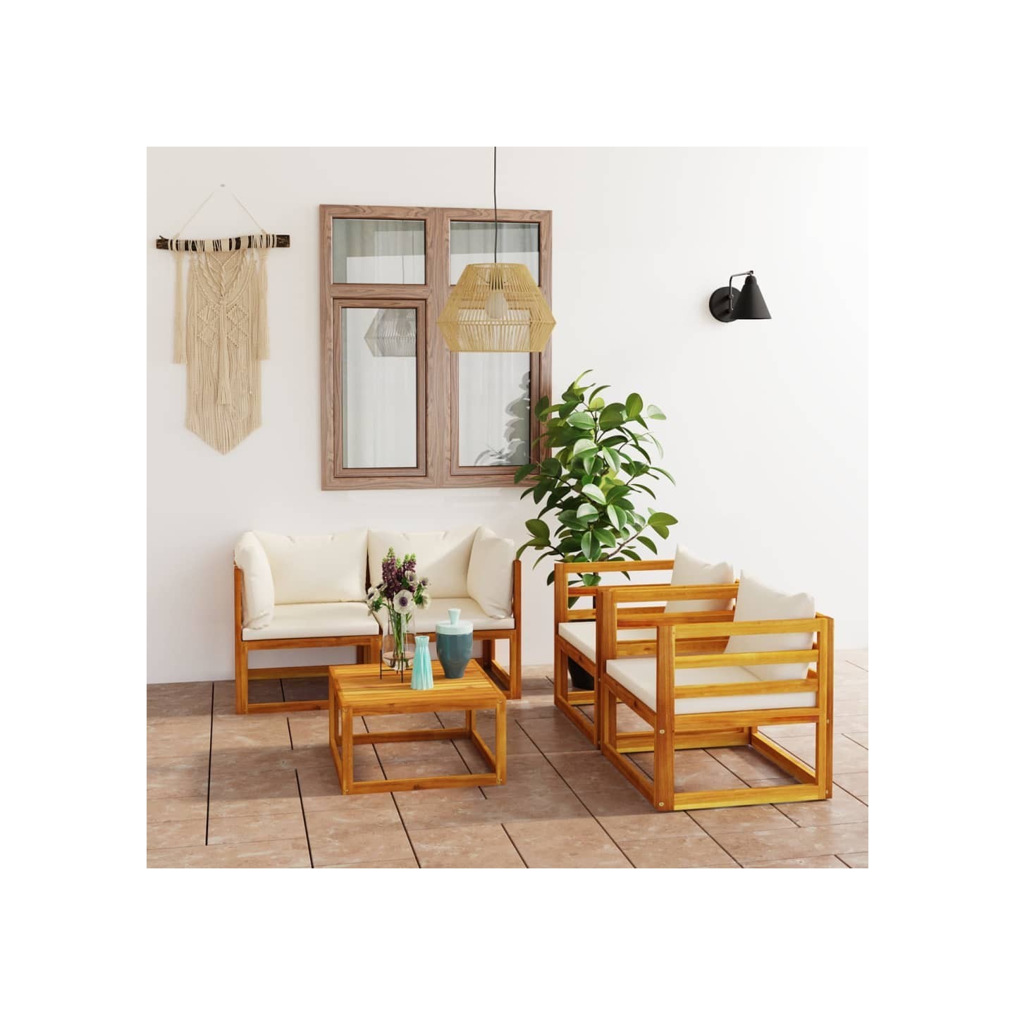 Salon de jardin 5 pcs avec coussin Crème Bois d'acacia solide