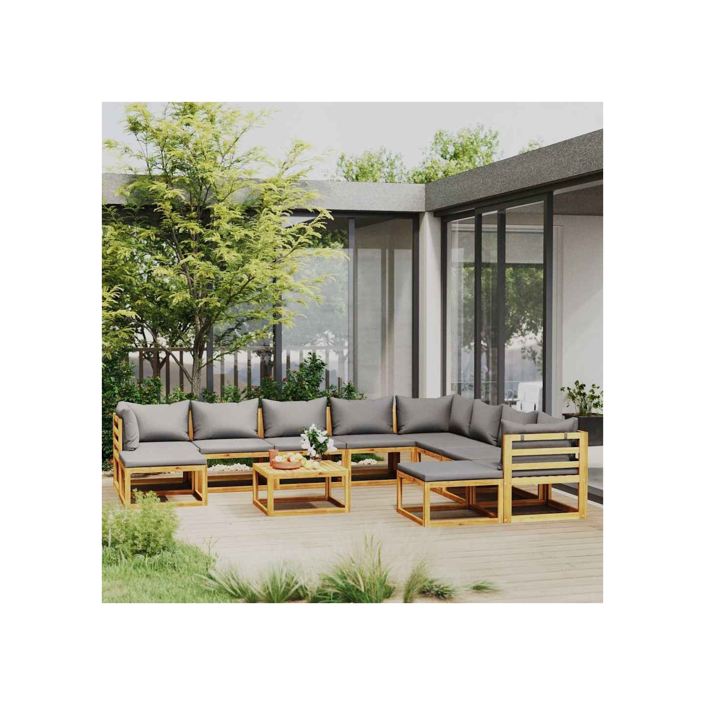 Salon de jardin 11 pcs avec coussin Bois d'acacia solide