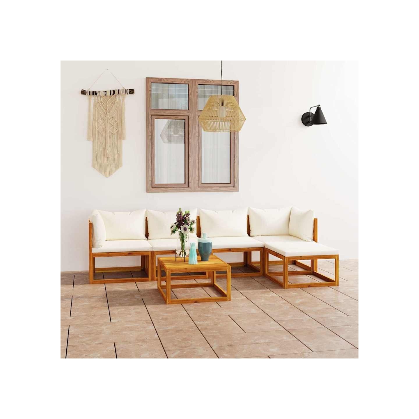 Salon de jardin 6 pcs avec coussin Crème Bois d'acacia solide