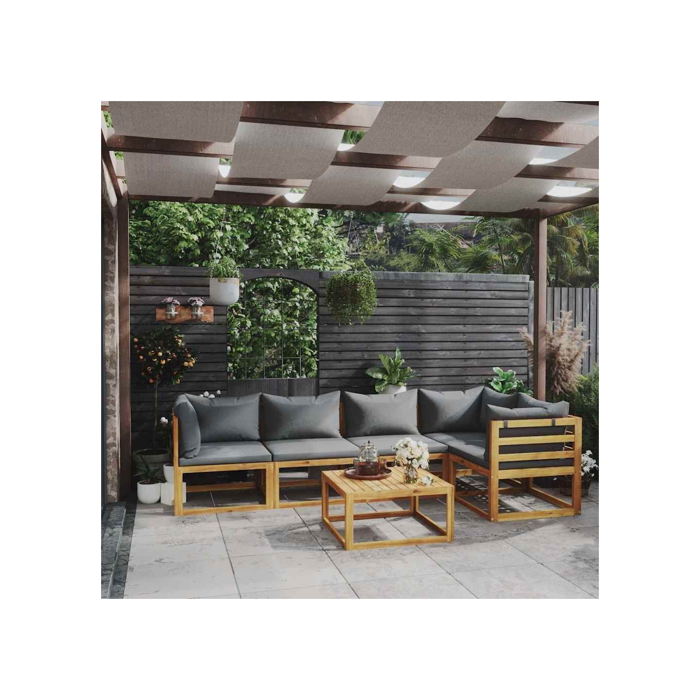 Salon de jardin 6 pcs avec coussins Bois d'acacia solide
