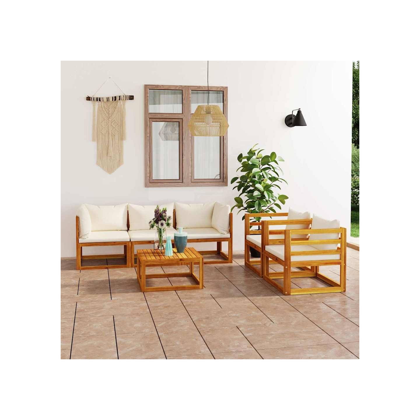 Salon de jardin 6 pcs avec coussin Crème Bois d'acacia solide