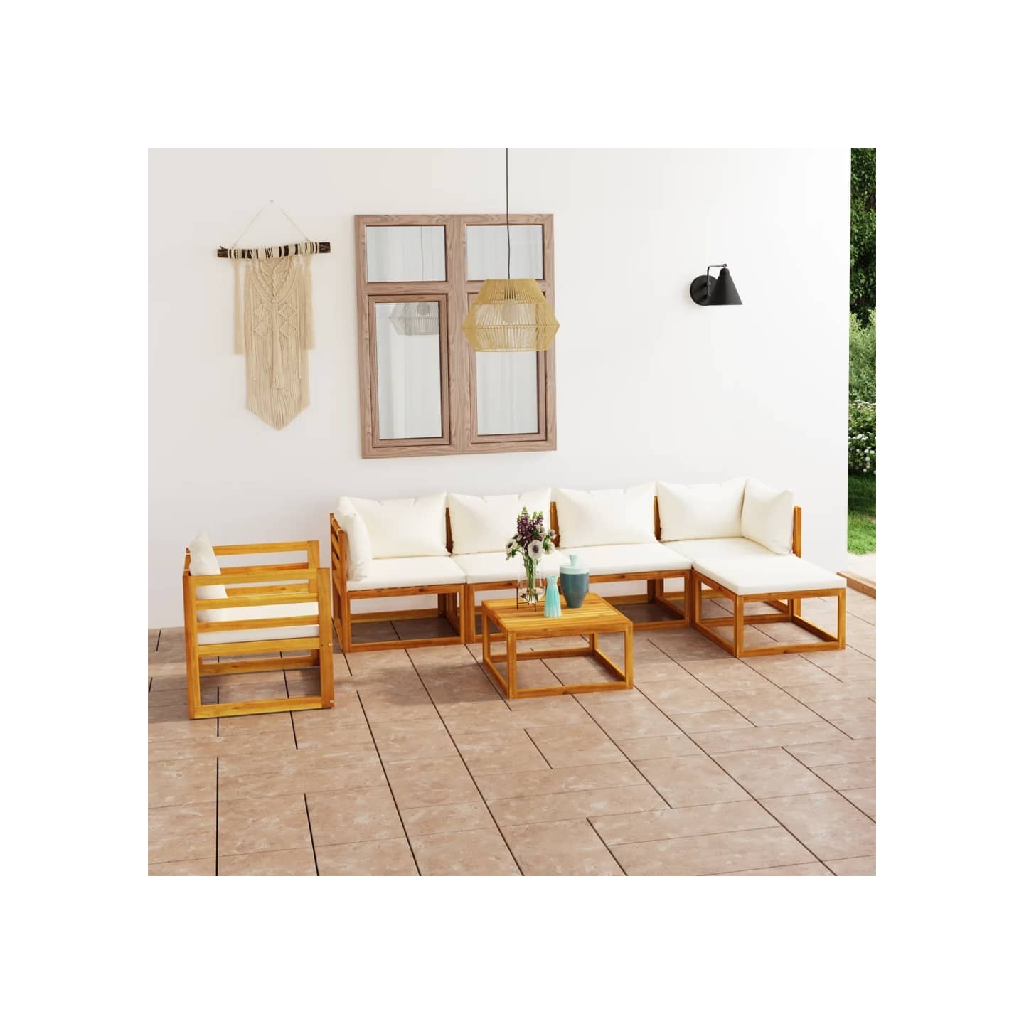 Salon de jardin 7 pcs avec coussin Crème Bois d'acacia solide