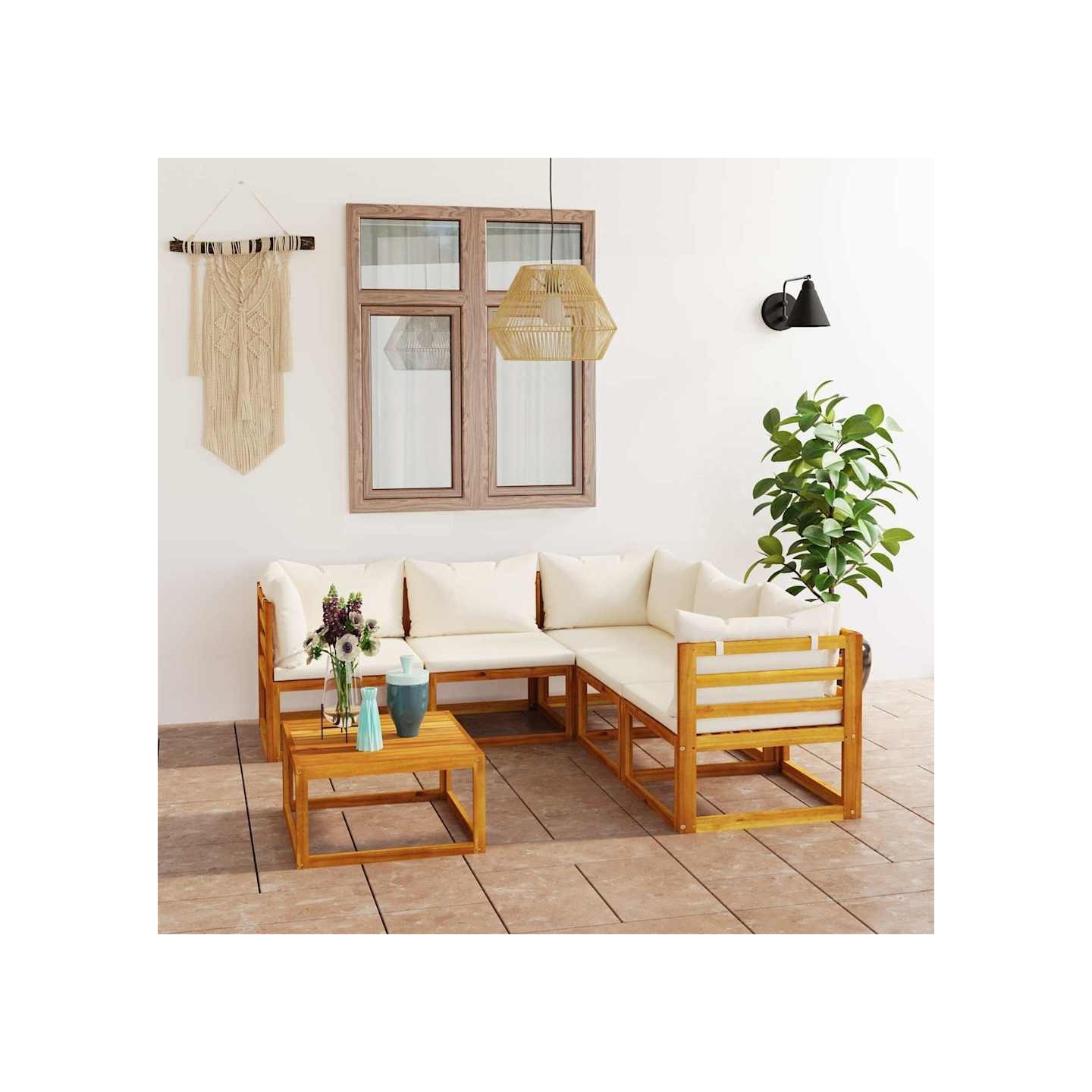 Salon de jardin 6 pcs avec coussin Crème Bois d'acacia solide