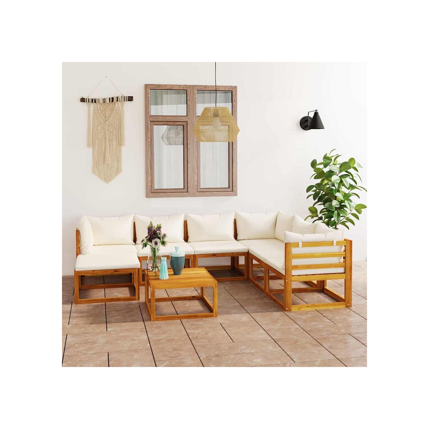 Salon de jardin 8 pcs avec coussin Crème Bois d'acacia solide