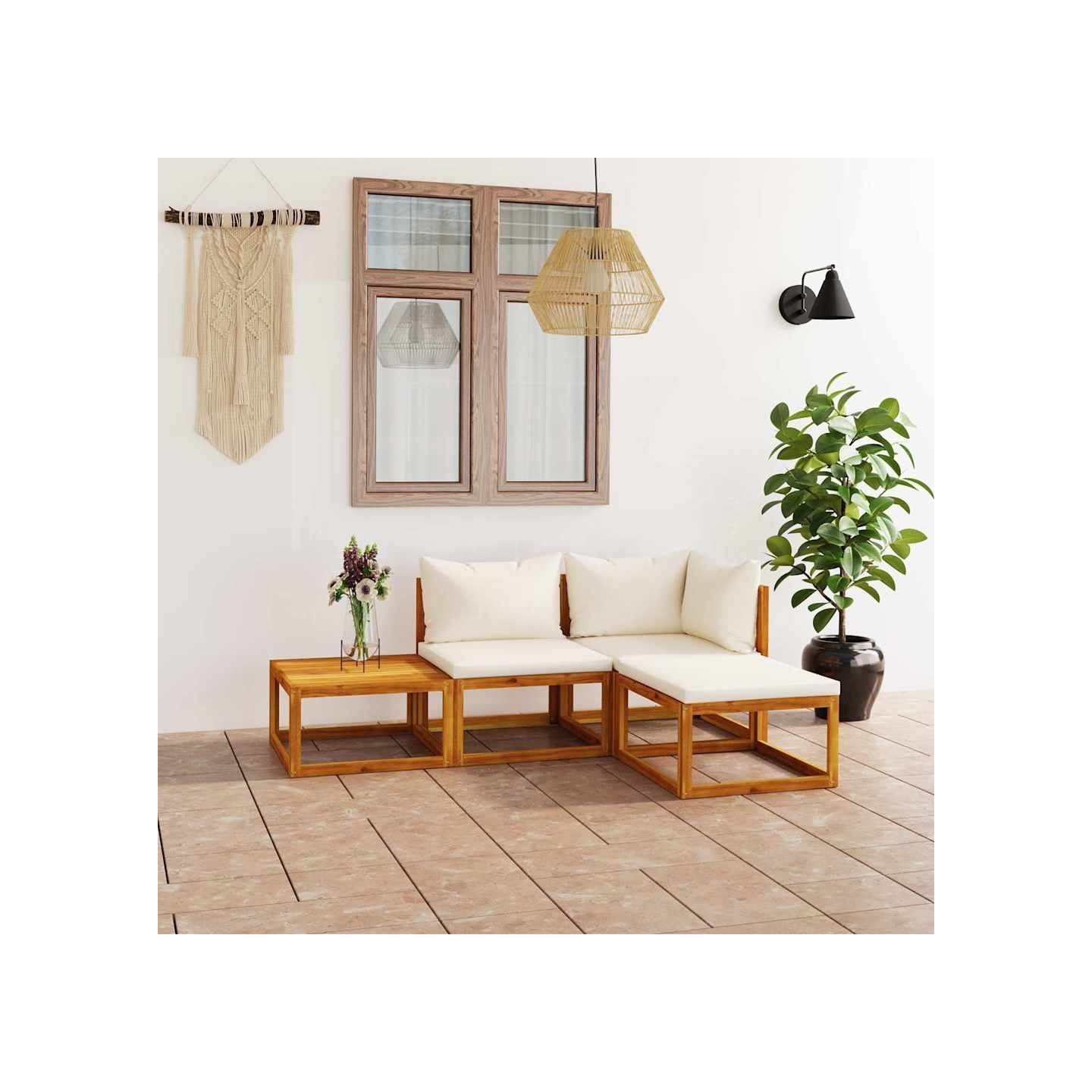 Salon de jardin 4 pcs avec coussin Crème Bois d'acacia solide