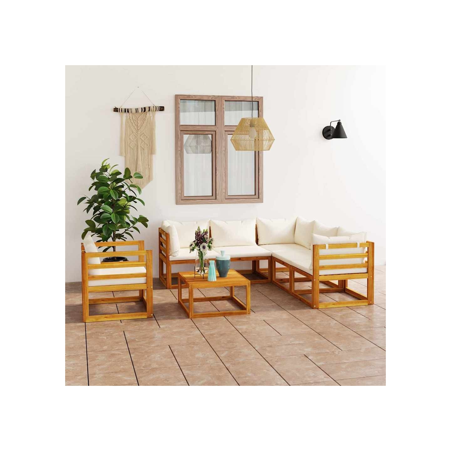 Salon de jardin 7 pcs avec coussin Crème Bois d'acacia solide