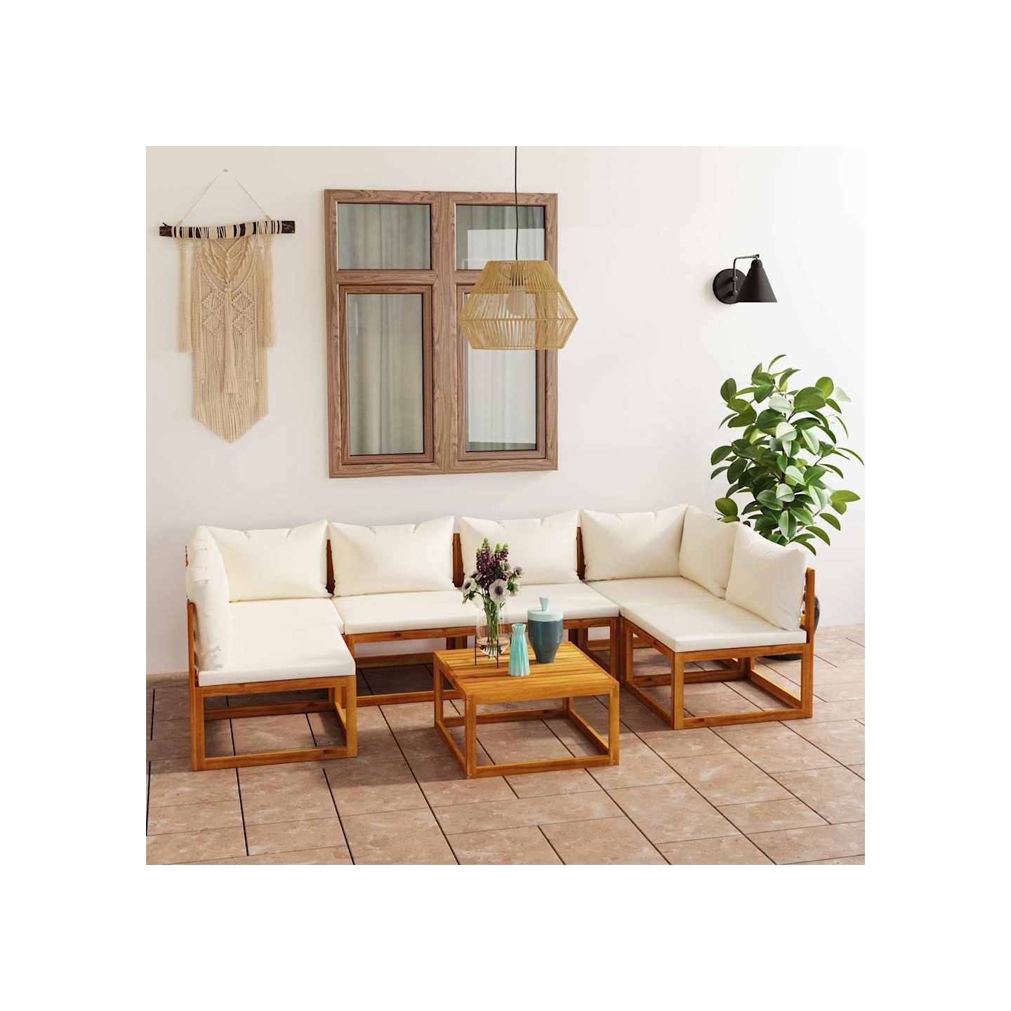 Salon de jardin 7 pcs avec coussin Crème Bois d'acacia solide