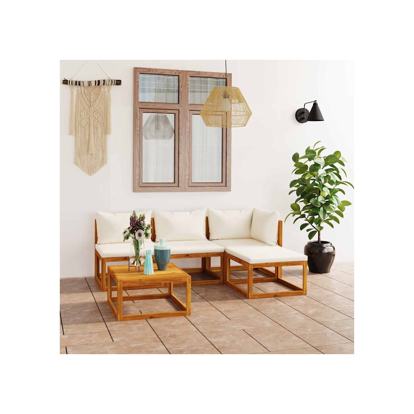 Salon de jardin 5 pcs avec coussin Crème Bois d'acacia solide
