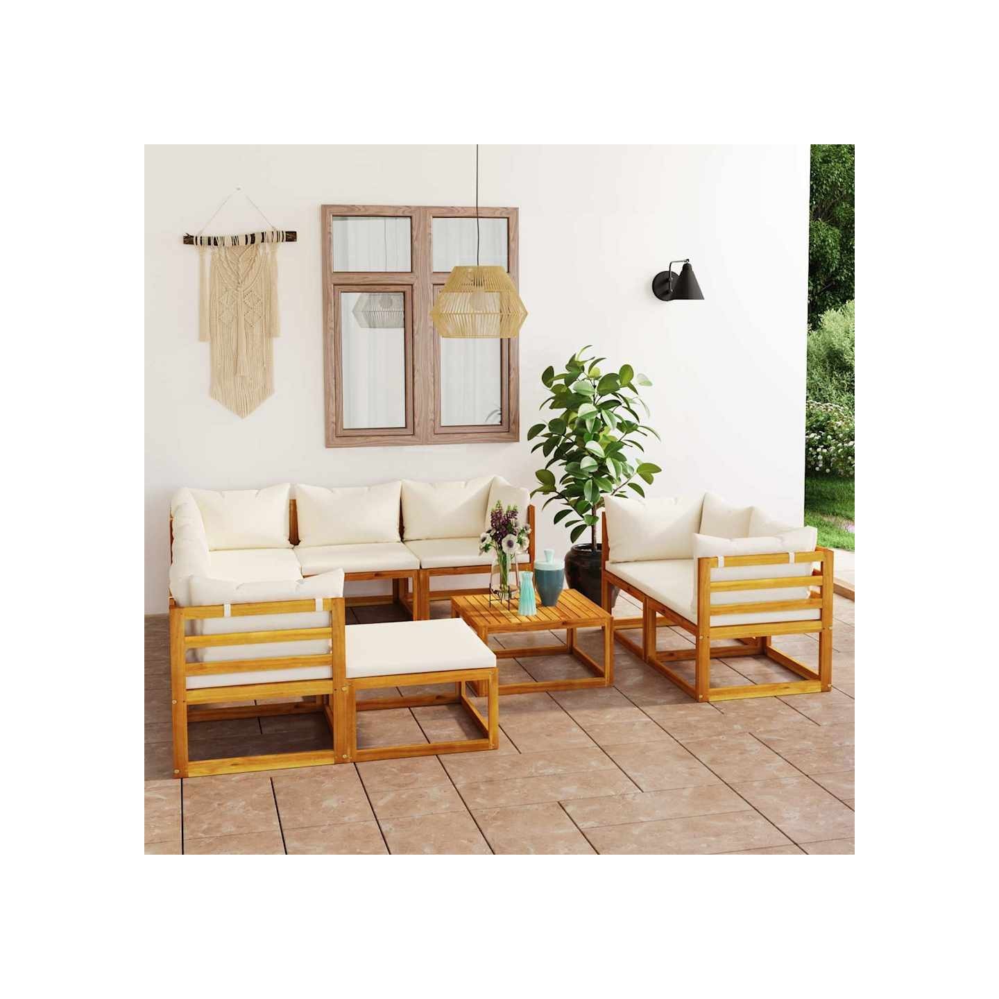Salon de jardin 10 pcs avec coussin Crème Bois d'acacia solide