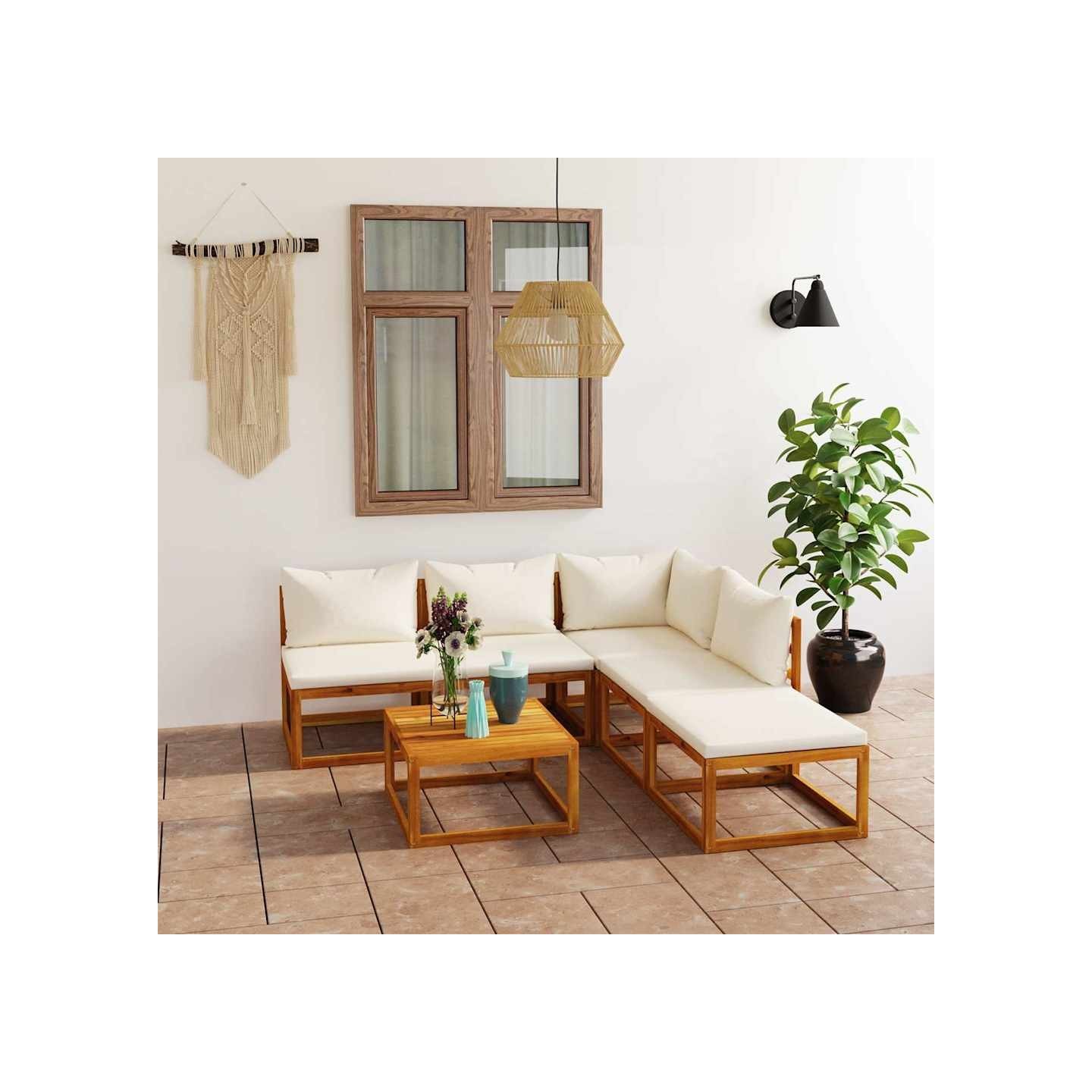Salon de jardin 6 pcs avec coussin Crème Bois d'acacia solide