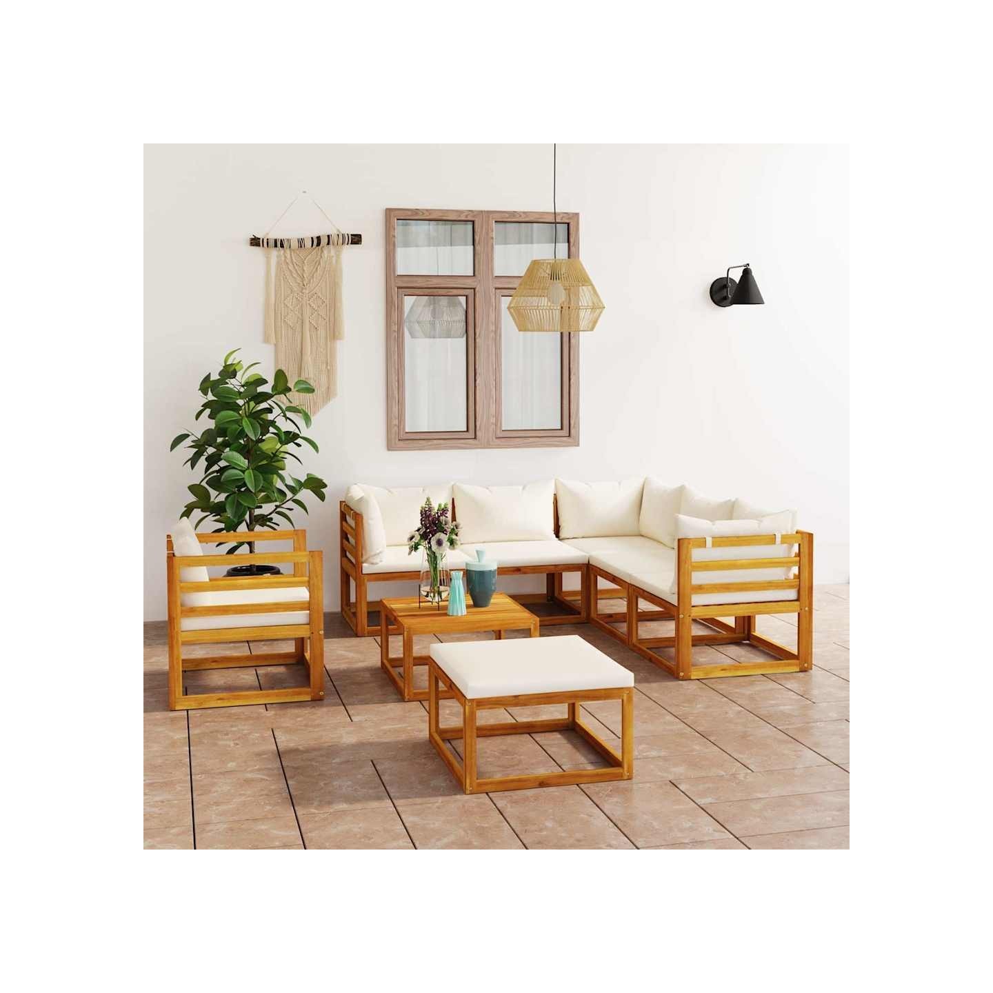 Salon de jardin 8 pcs avec coussin Crème Bois d'acacia solide