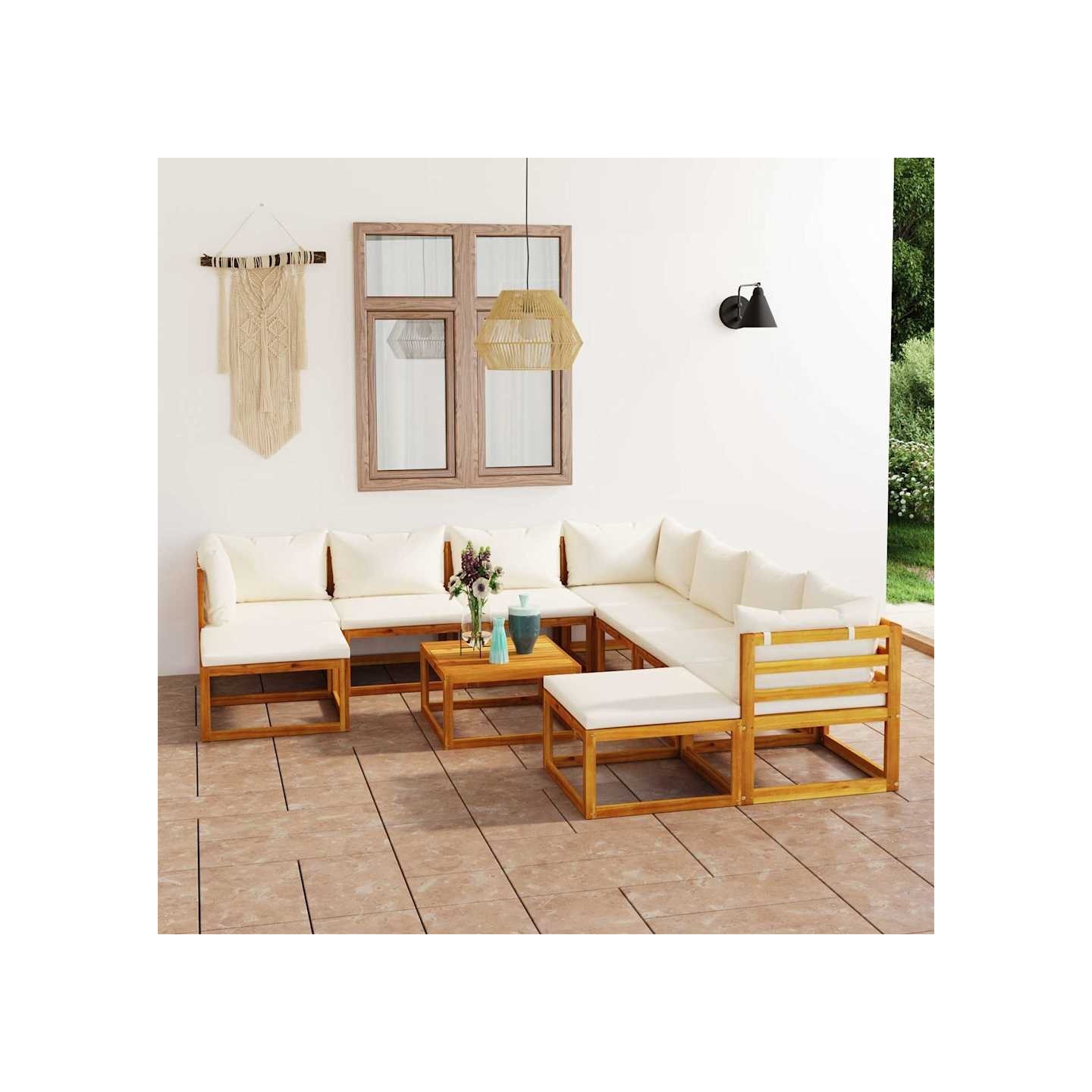 Salon de jardin 11 pcs avec coussin Crème Bois d'acacia solide