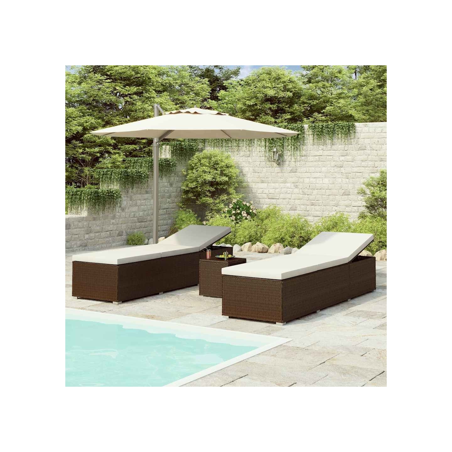Chaise longue de jardin table à thé 3 pcs Résine tressée Marron