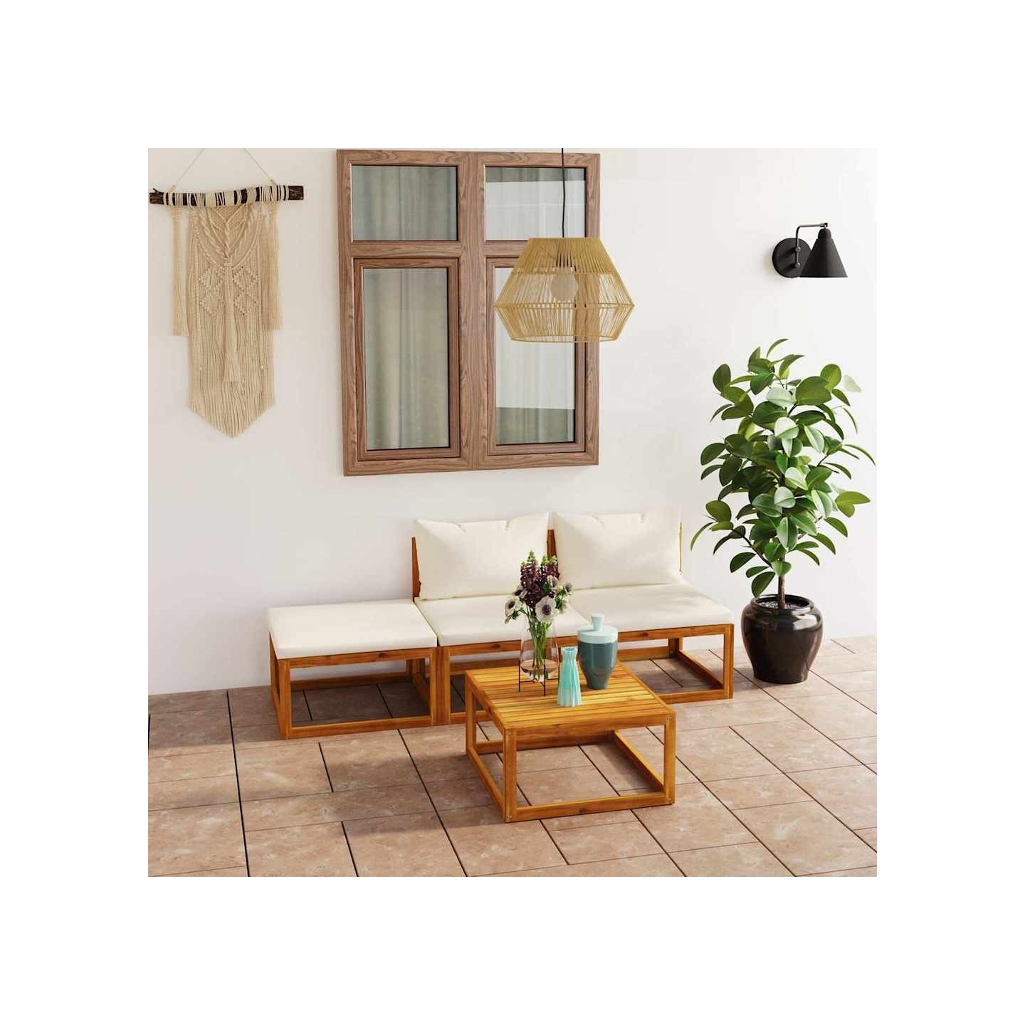 Salon de jardin 4 pcs avec coussin Crème Bois d'acacia solide