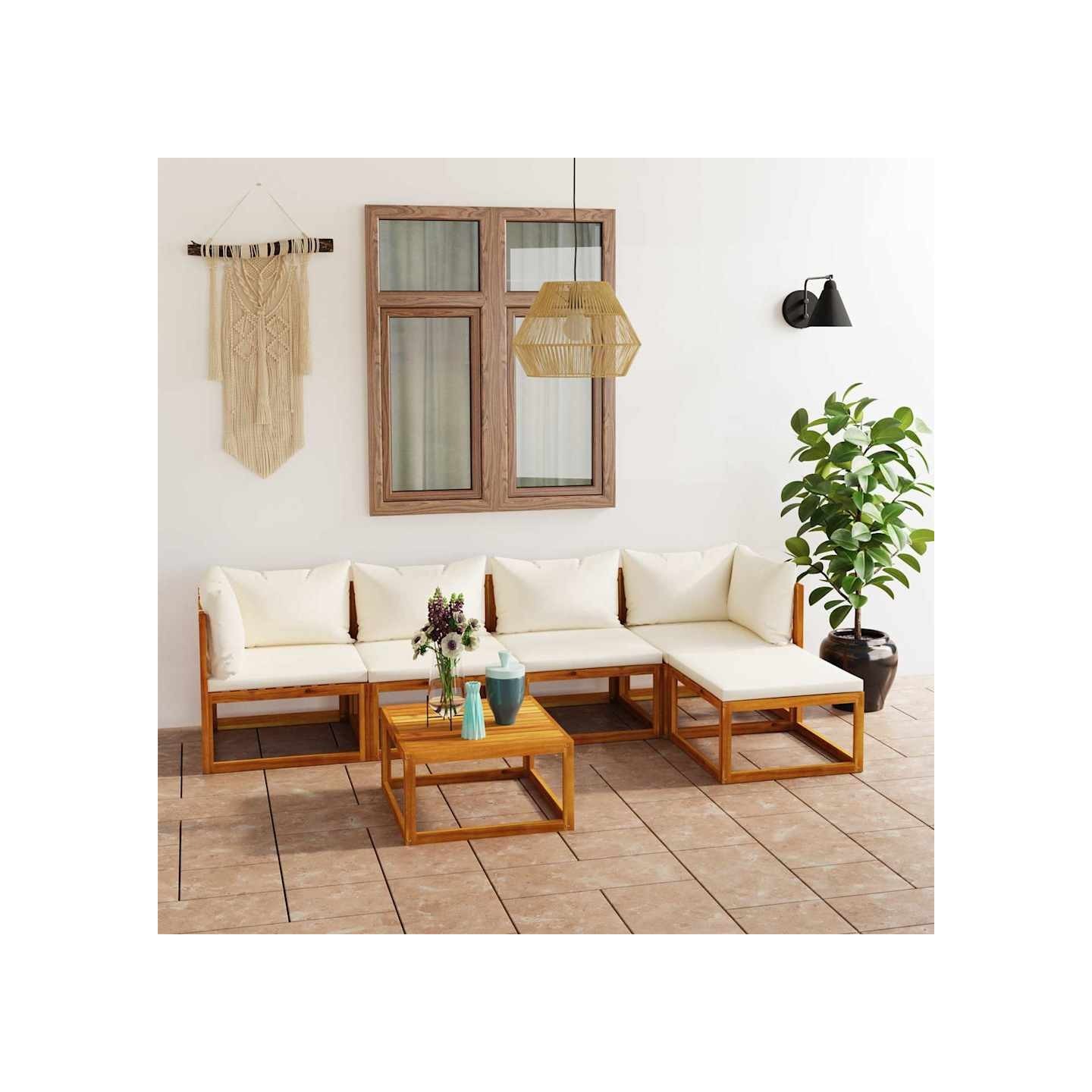 Salon de jardin 6 pcs avec coussin Crème Bois d'acacia solide