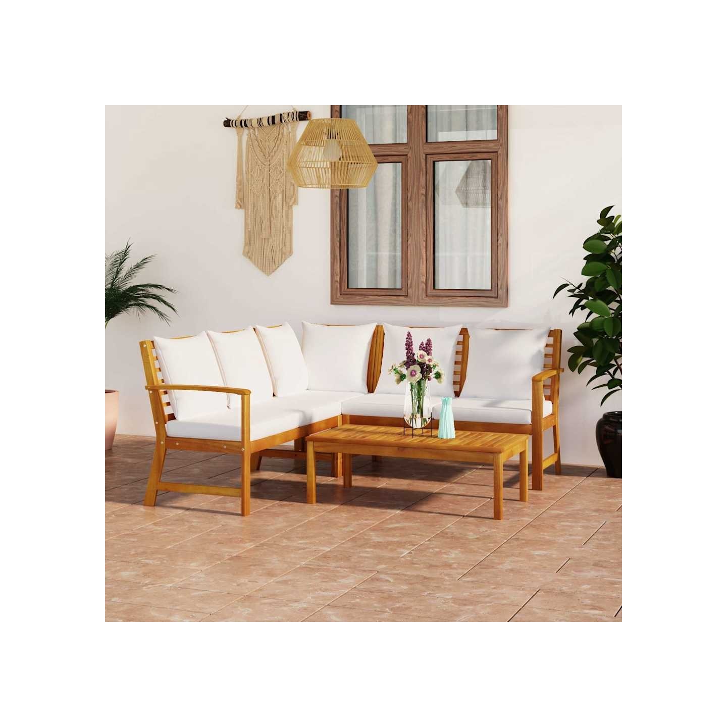 Salon de jardin 4 pcs avec coussin Crème Bois d'acacia solide