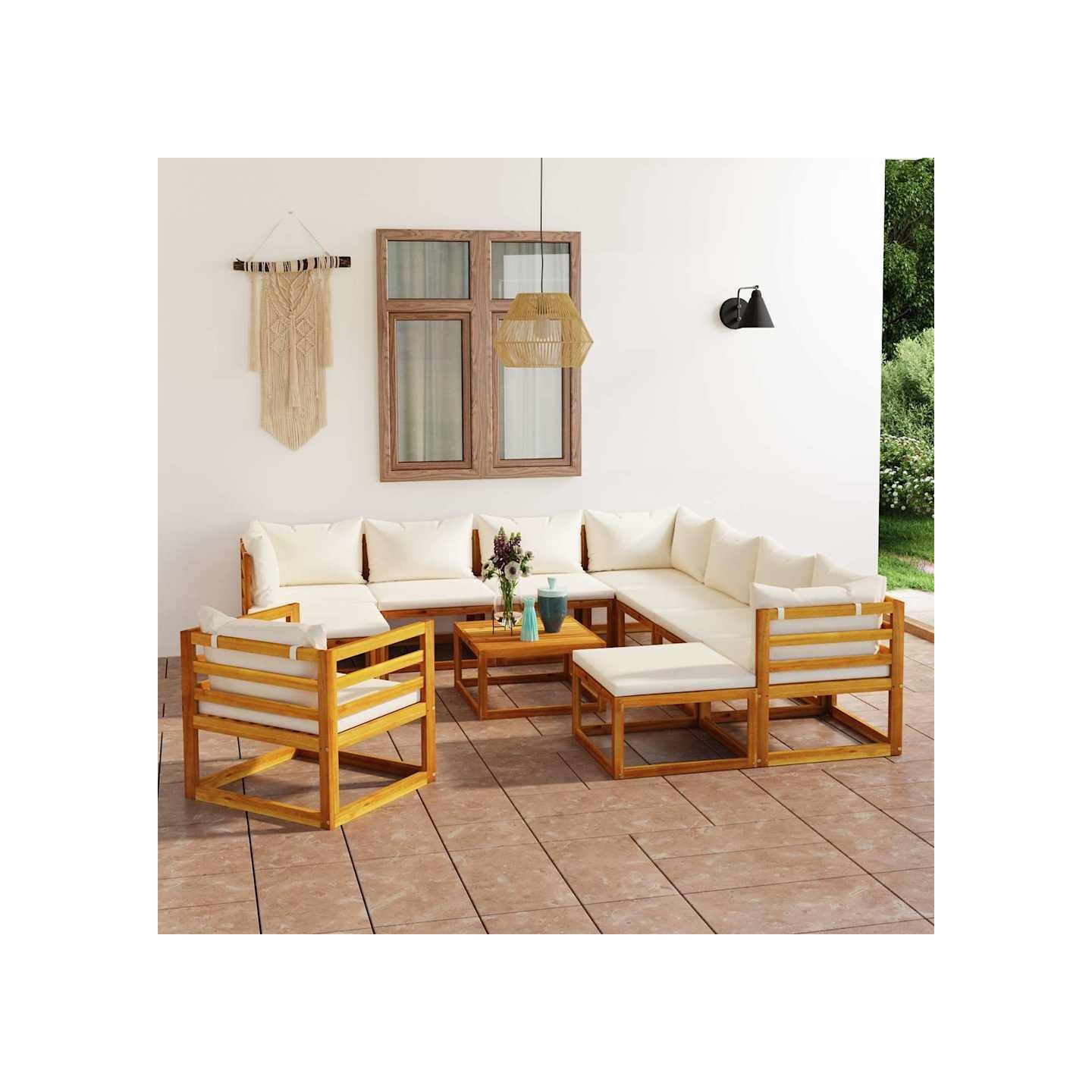 Salon de jardin 12 pcs avec coussin Crème Bois d'acacia solide
