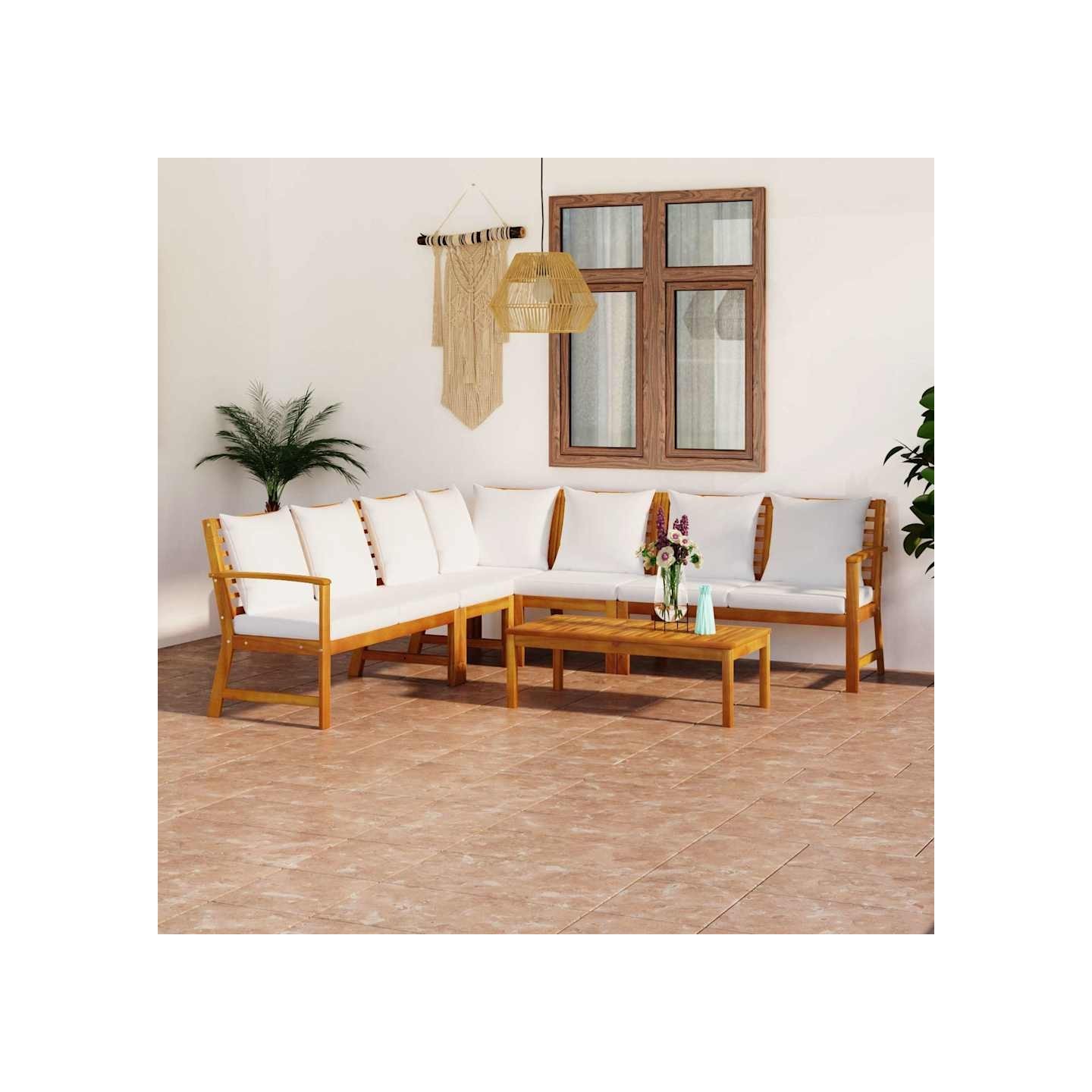 Salon de jardin 6 pcs avec coussin Crème Bois d'acacia solide