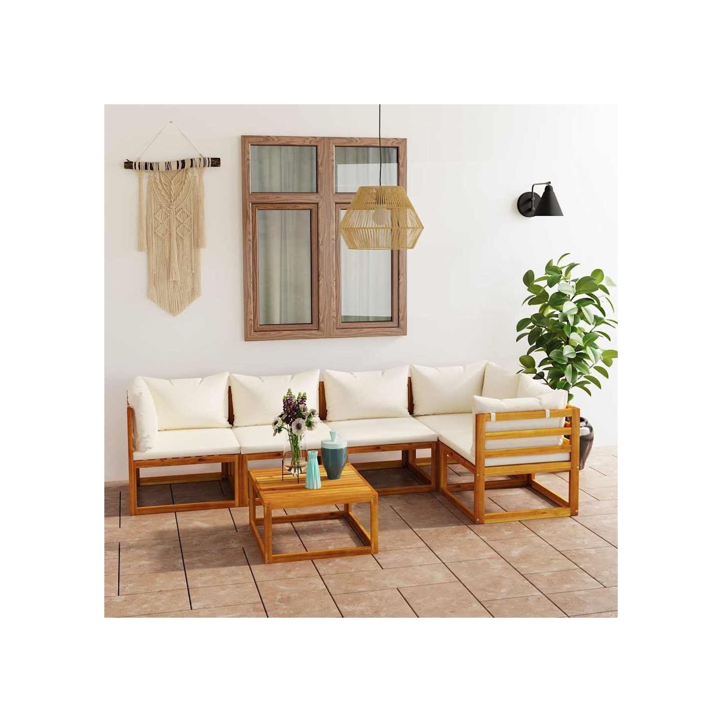 Salon de jardin 6 pcs avec coussin Crème Bois d'acacia solide