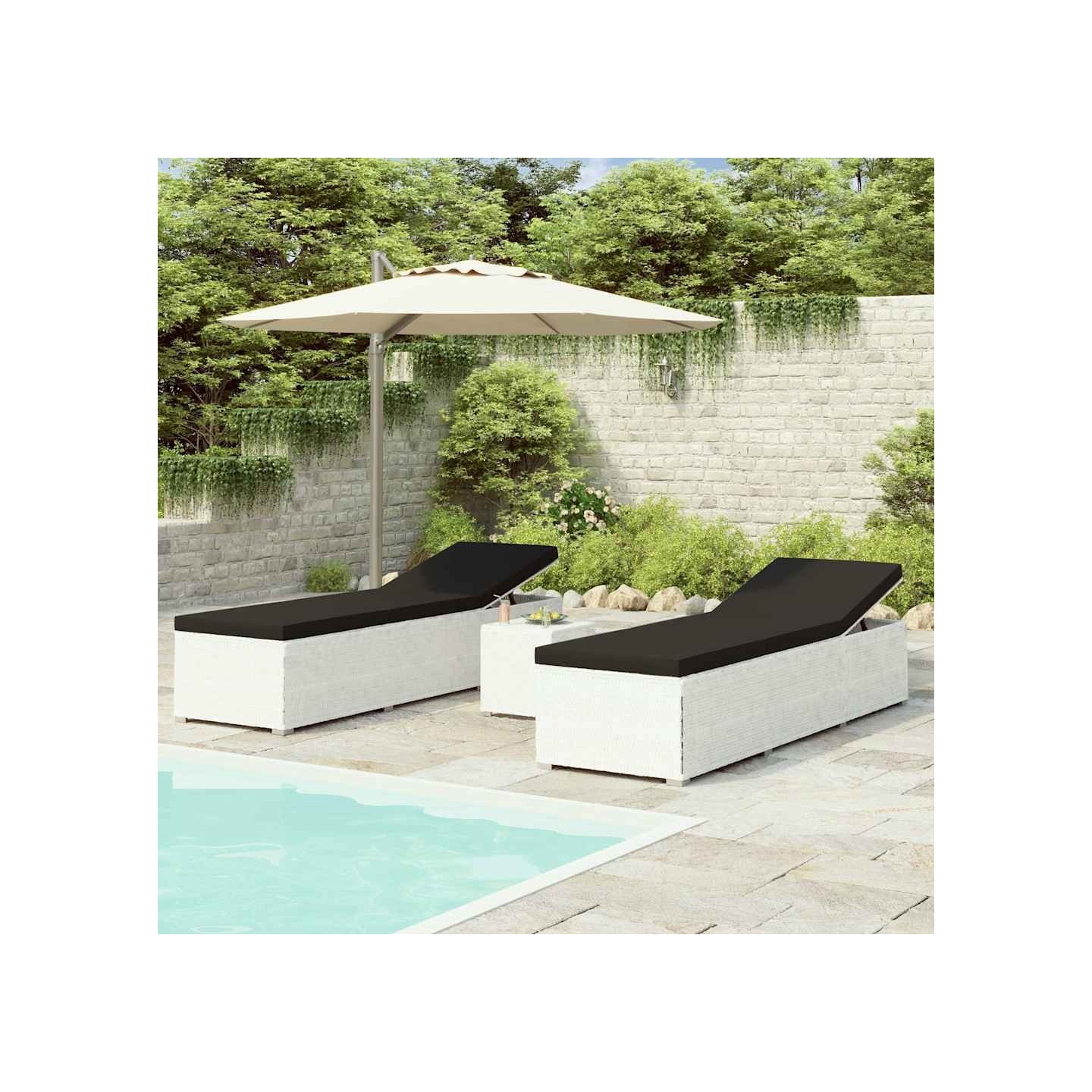 Chaises longues de jardin table à thé 3pcs Résine tressée Blanc