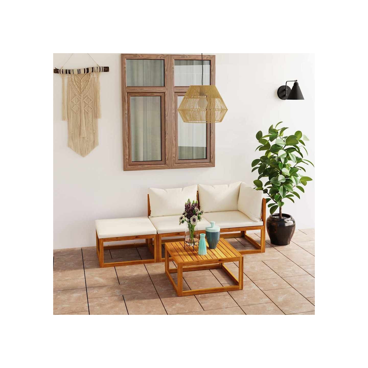 Salon de jardin 4 pcs avec coussin Crème Bois d'acacia solide