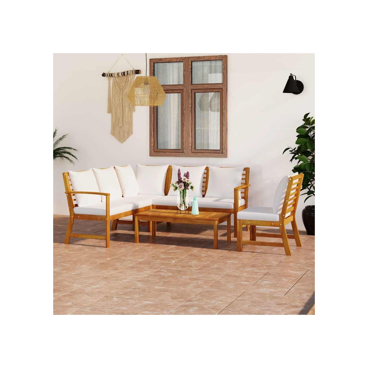 Salon de jardin 5 pcs avec coussin Crème Bois d'acacia solide