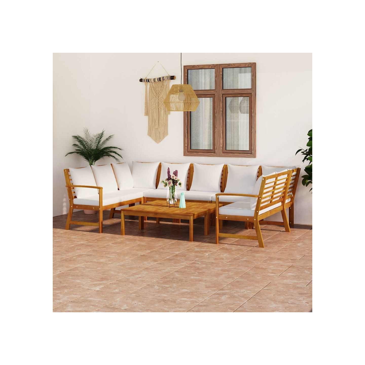 Salon de jardin 9 pcs avec coussin Crème Bois d'acacia solide
