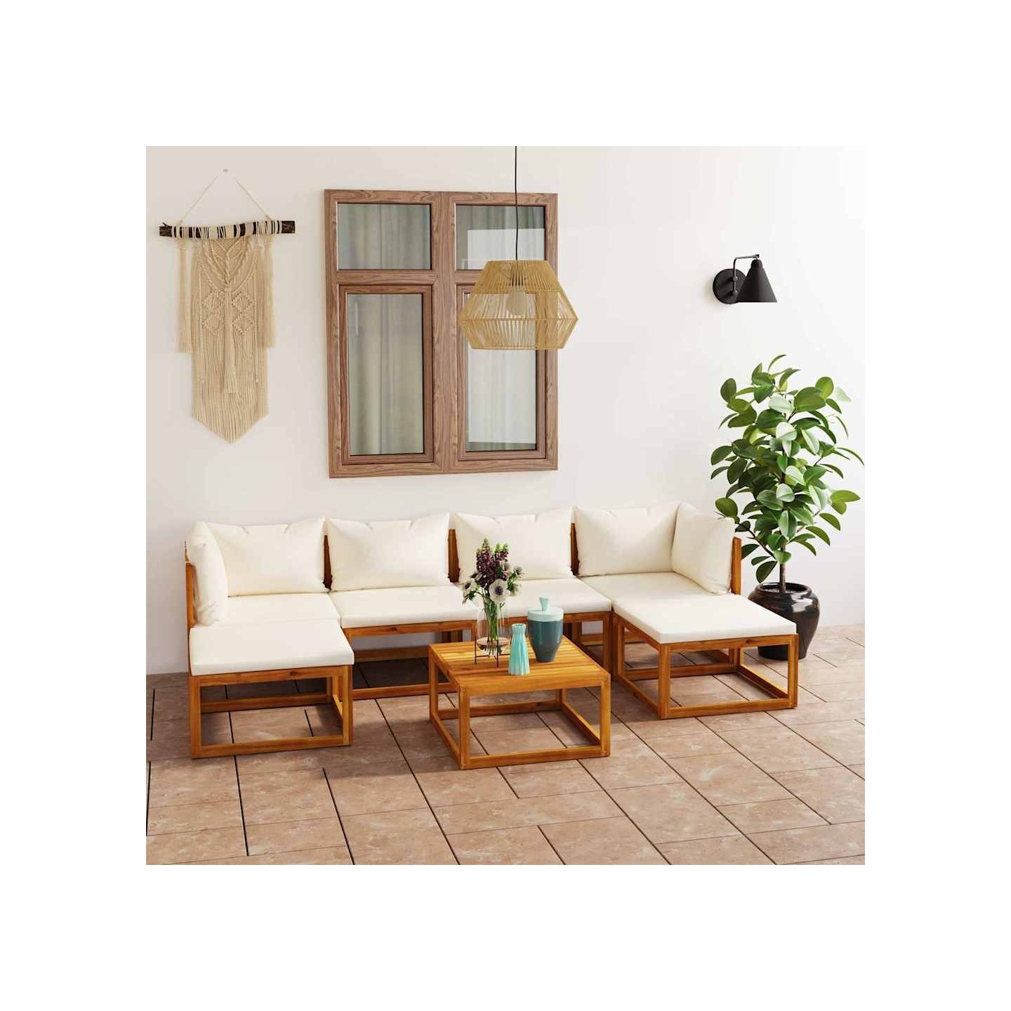 Salon de jardin 7 pcs avec coussin Crème Bois d'acacia solide