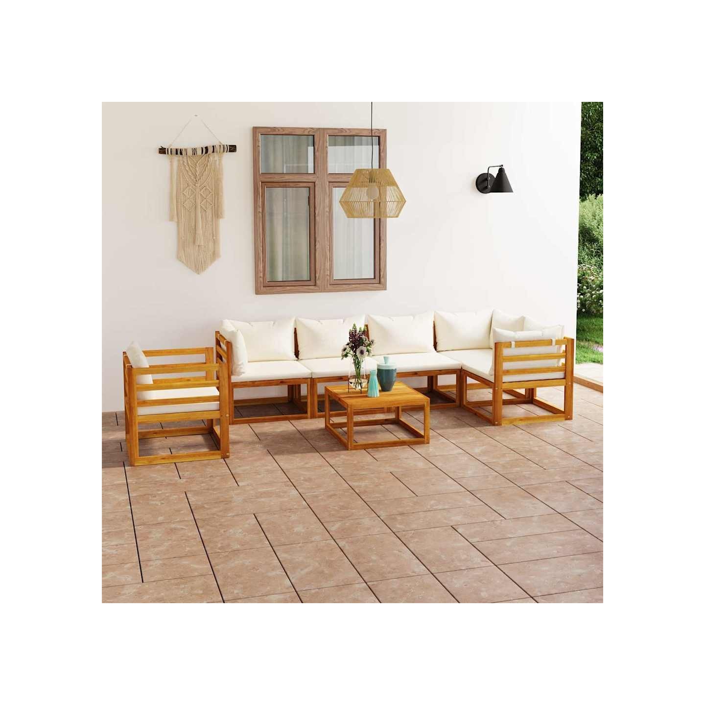 Salon de jardin 7 pcs avec coussin Crème Bois d'acacia solide