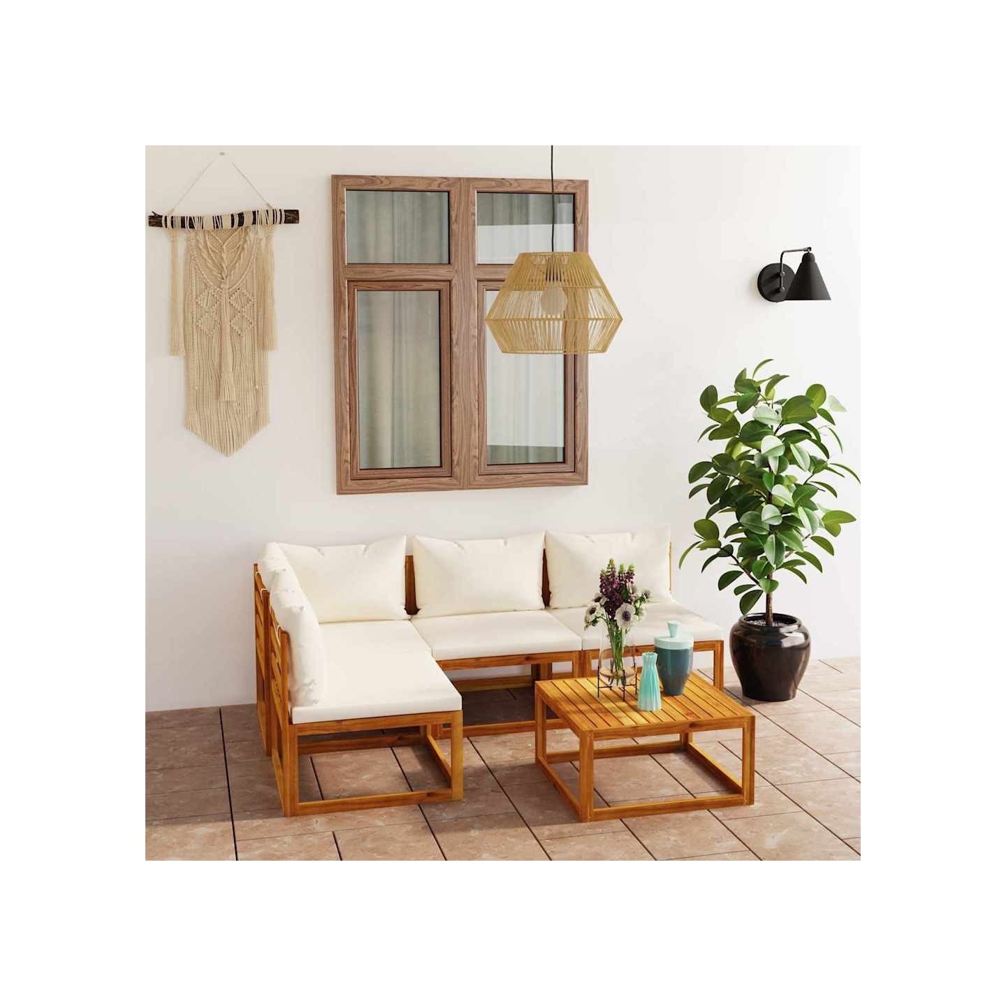 Salon de jardin 5 pcs avec coussin Crème Bois d'acacia solide