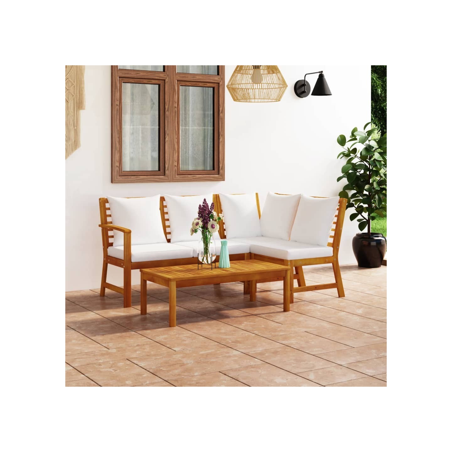 Salon de jardin 4 pcs avec coussin Crème Bois d'acacia solide