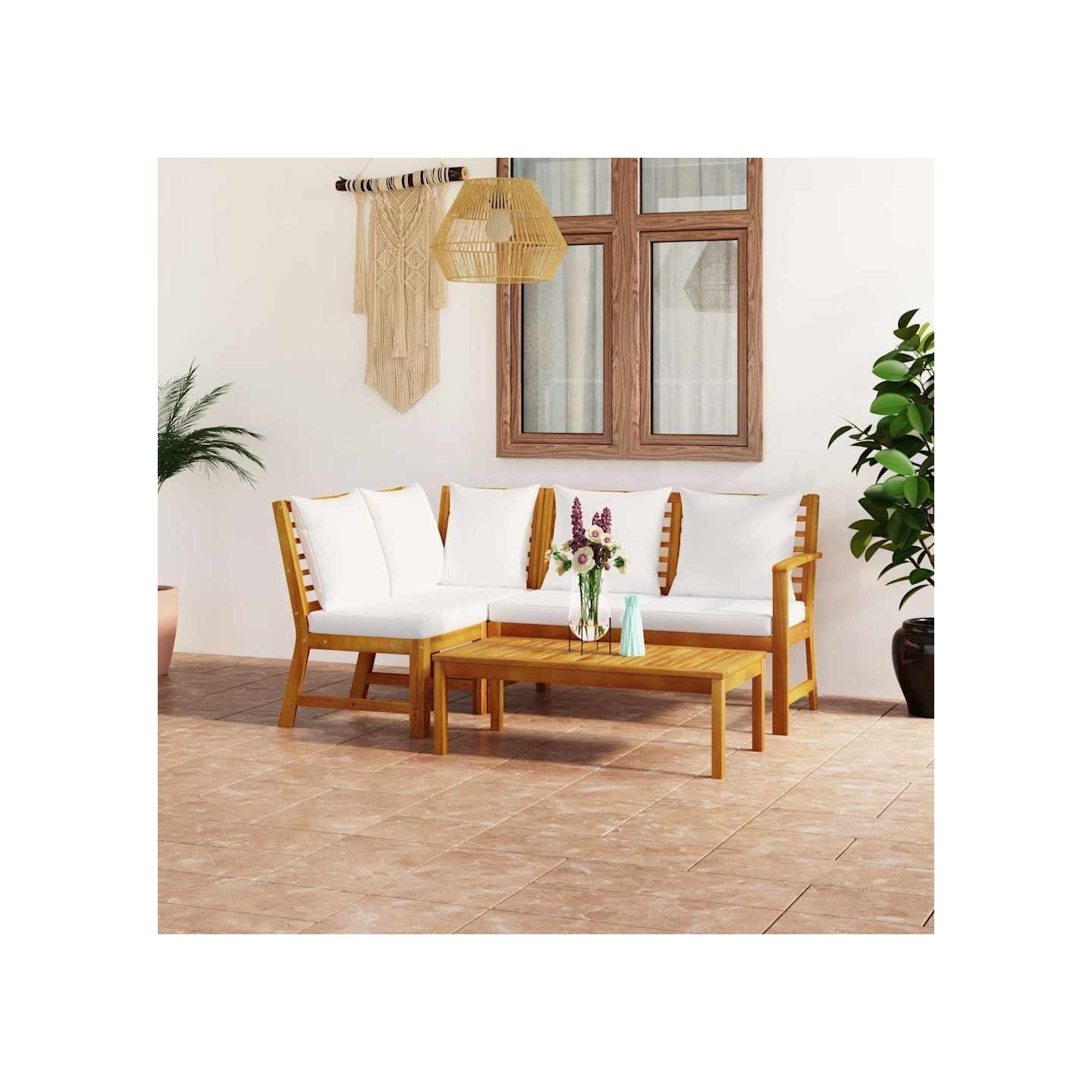 Salon de jardin 4 pcs avec coussin Crème Bois d'acacia solide