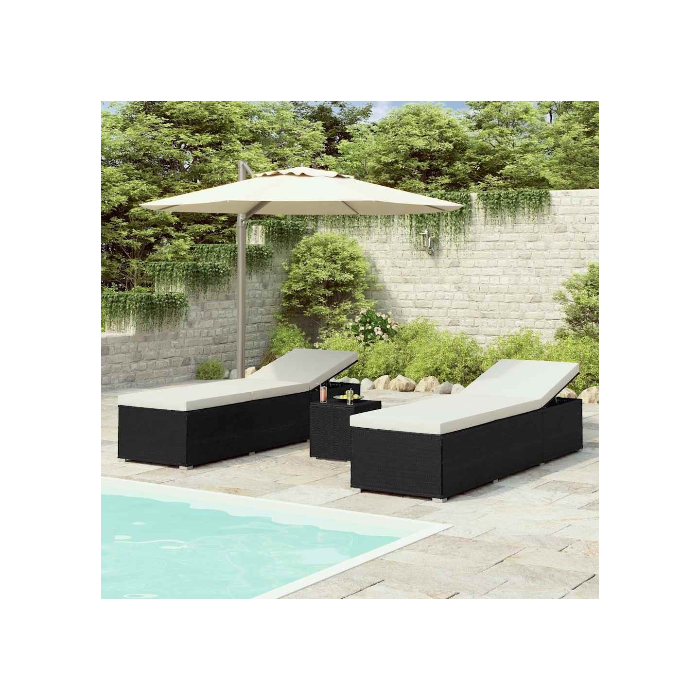 Chaises longues de jardin table à thé 3 pcs Résine tressée Noir