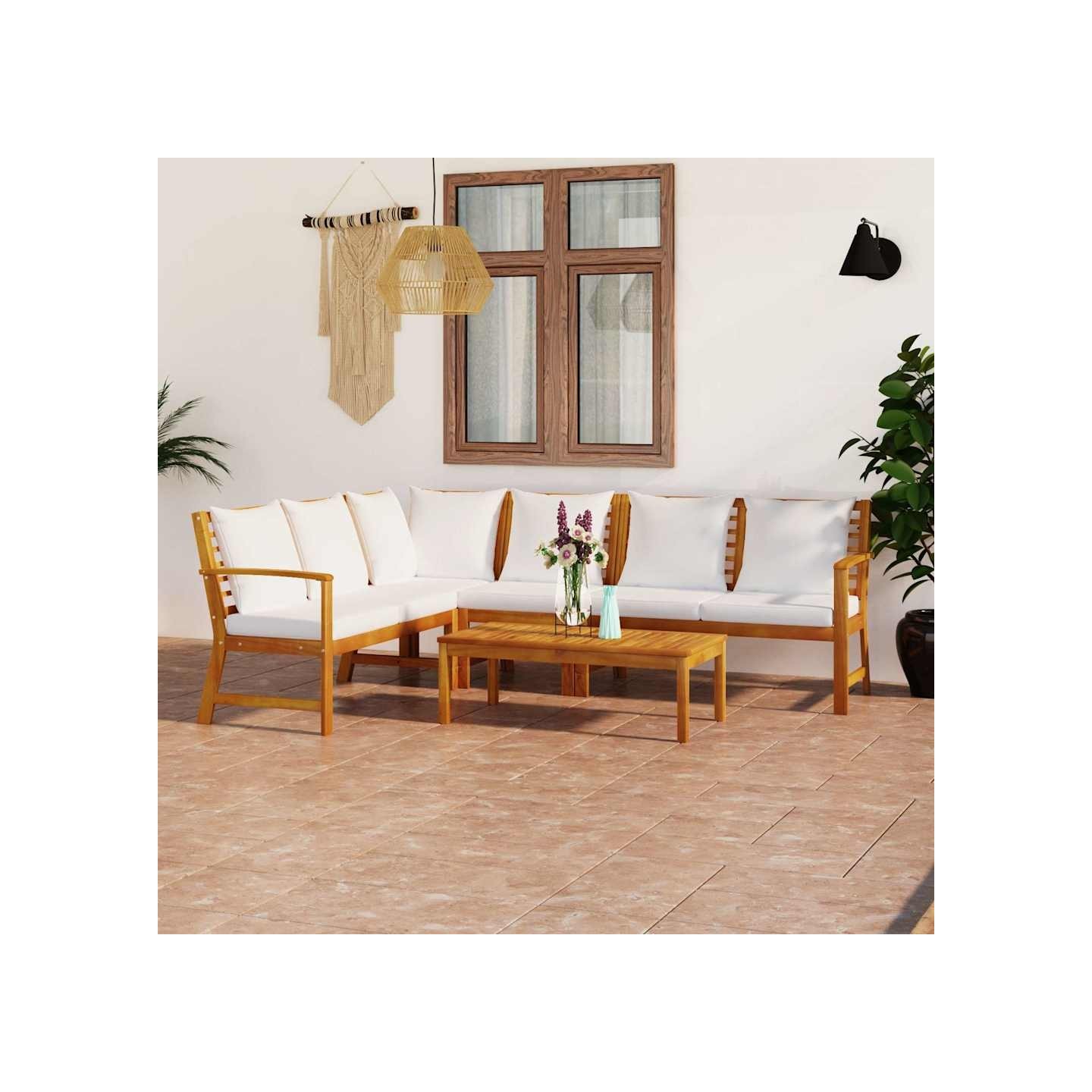 Salon de jardin 5 pcs avec coussin Crème Bois d'acacia solide