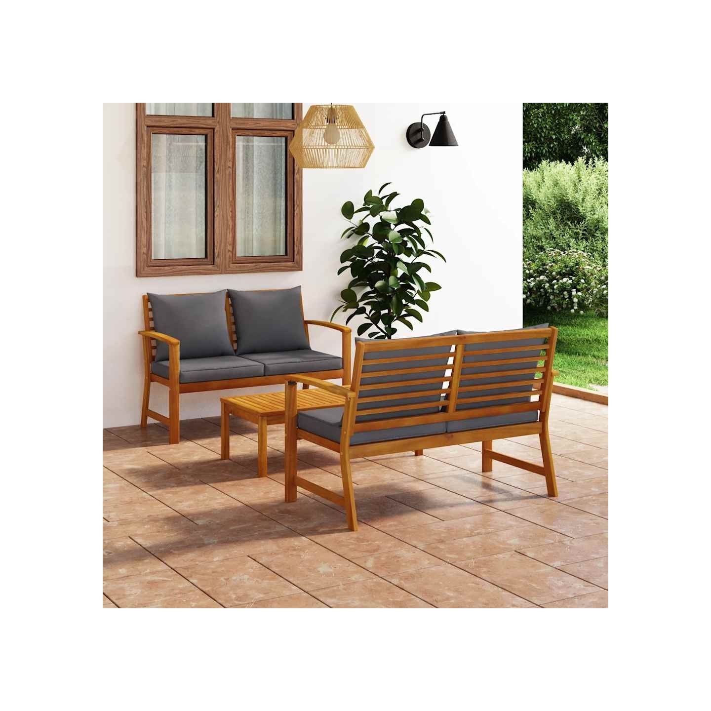 Salon de jardin 3 pcs avec coussin Bois d'acacia solide