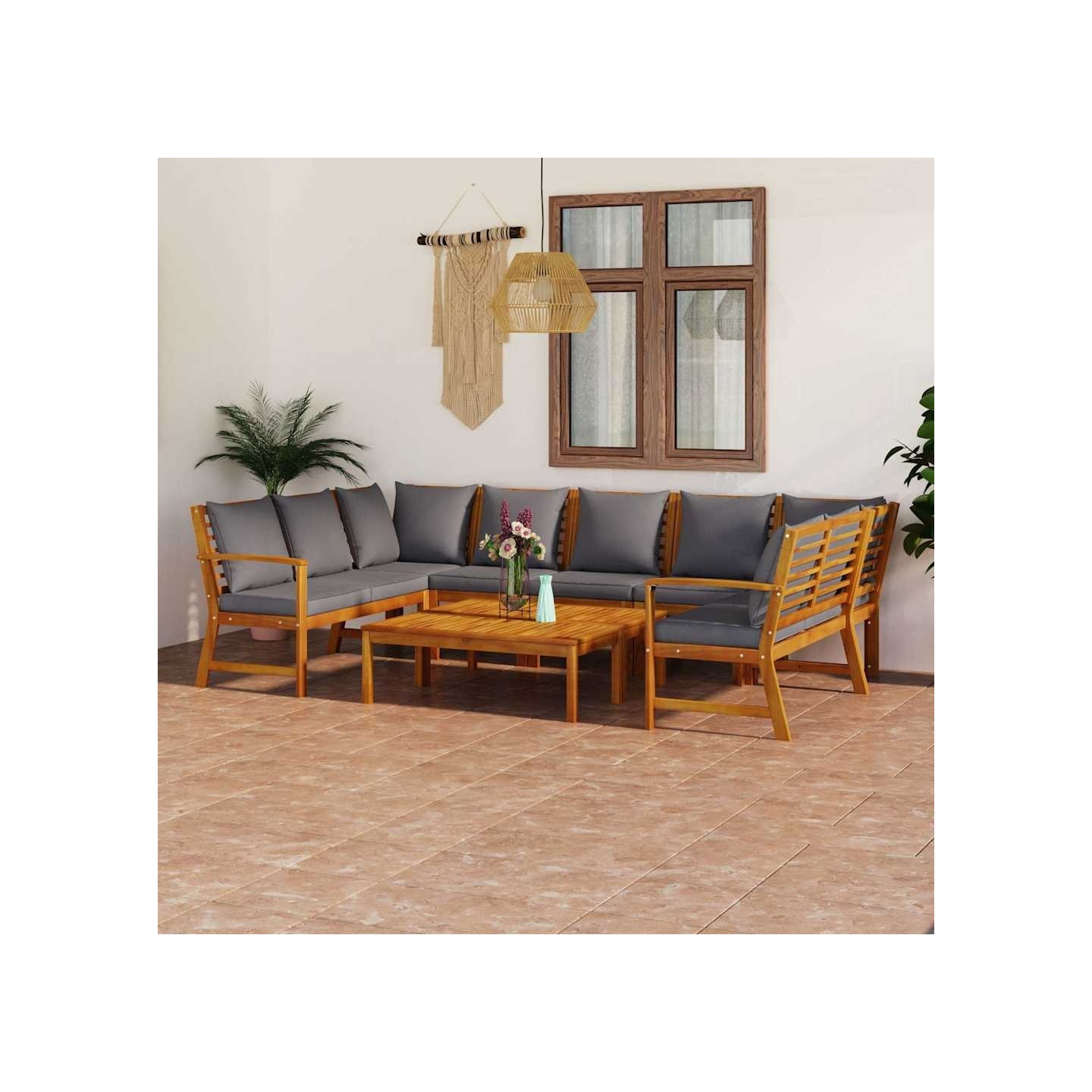Salon de jardin 9 pcs avec coussin Bois d'acacia solide