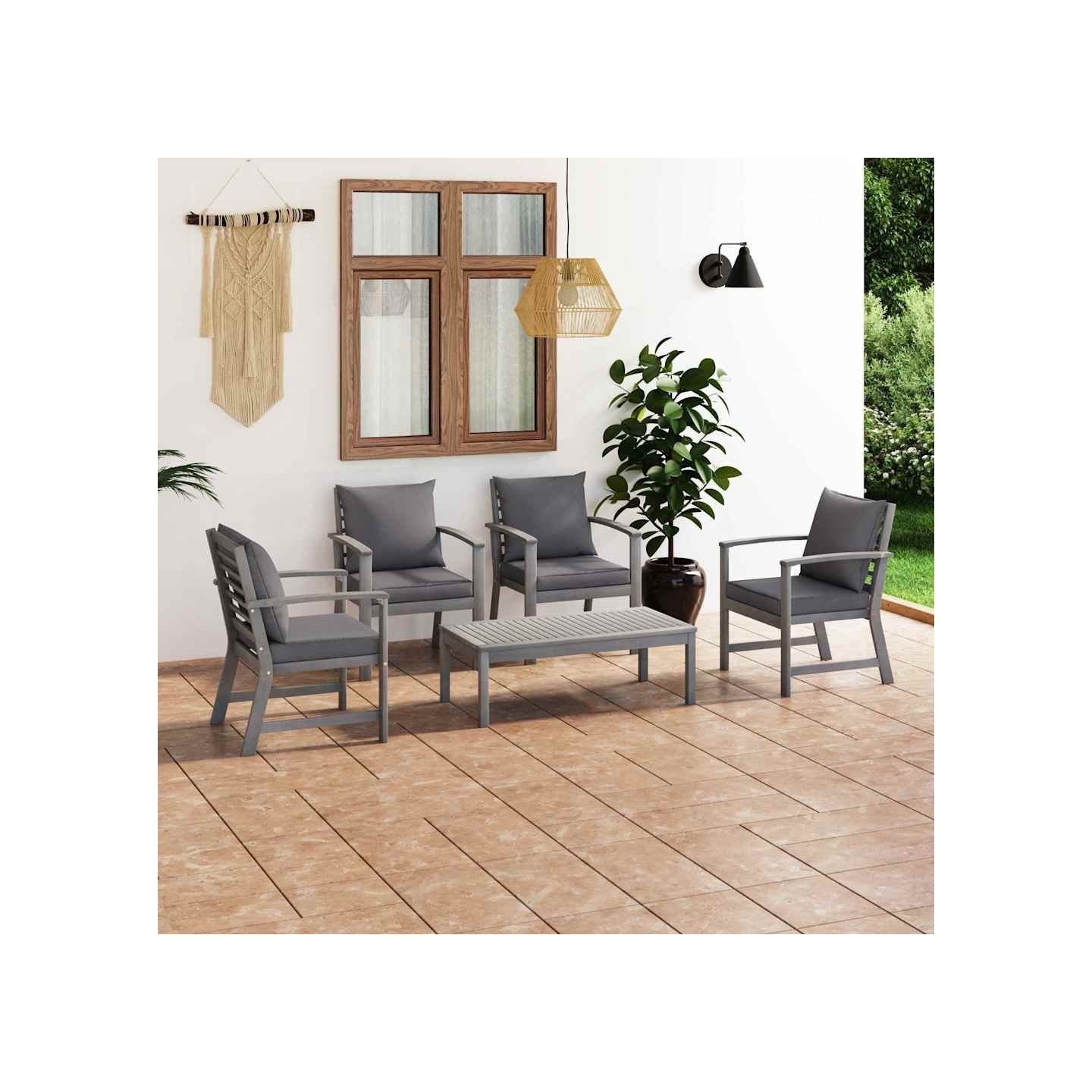Salon de jardin 5 pcs avec coussin Bois d'acacia solide Gris