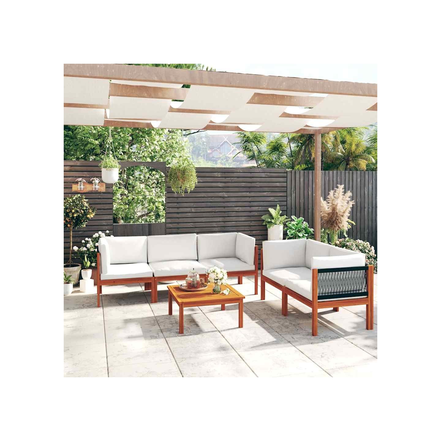 Salon de jardin 6 pièces avec coussins, bois d'acacia crème et corde