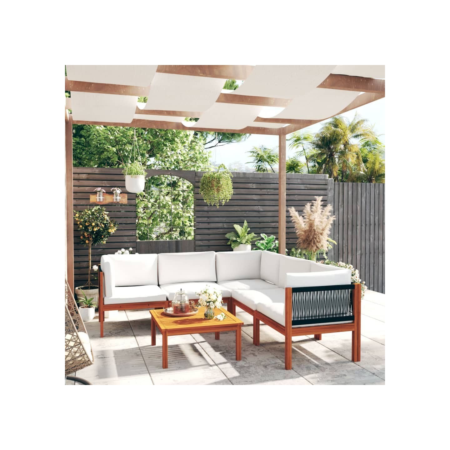 Salon de jardin 6 pièces avec coussins, bois d'acacia crème et corde