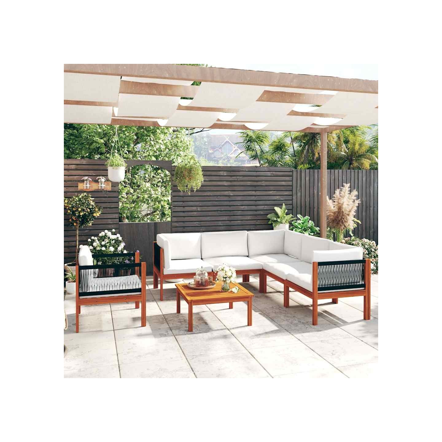 Salon de jardin 7 pièces avec coussins, bois d'acacia crème et corde