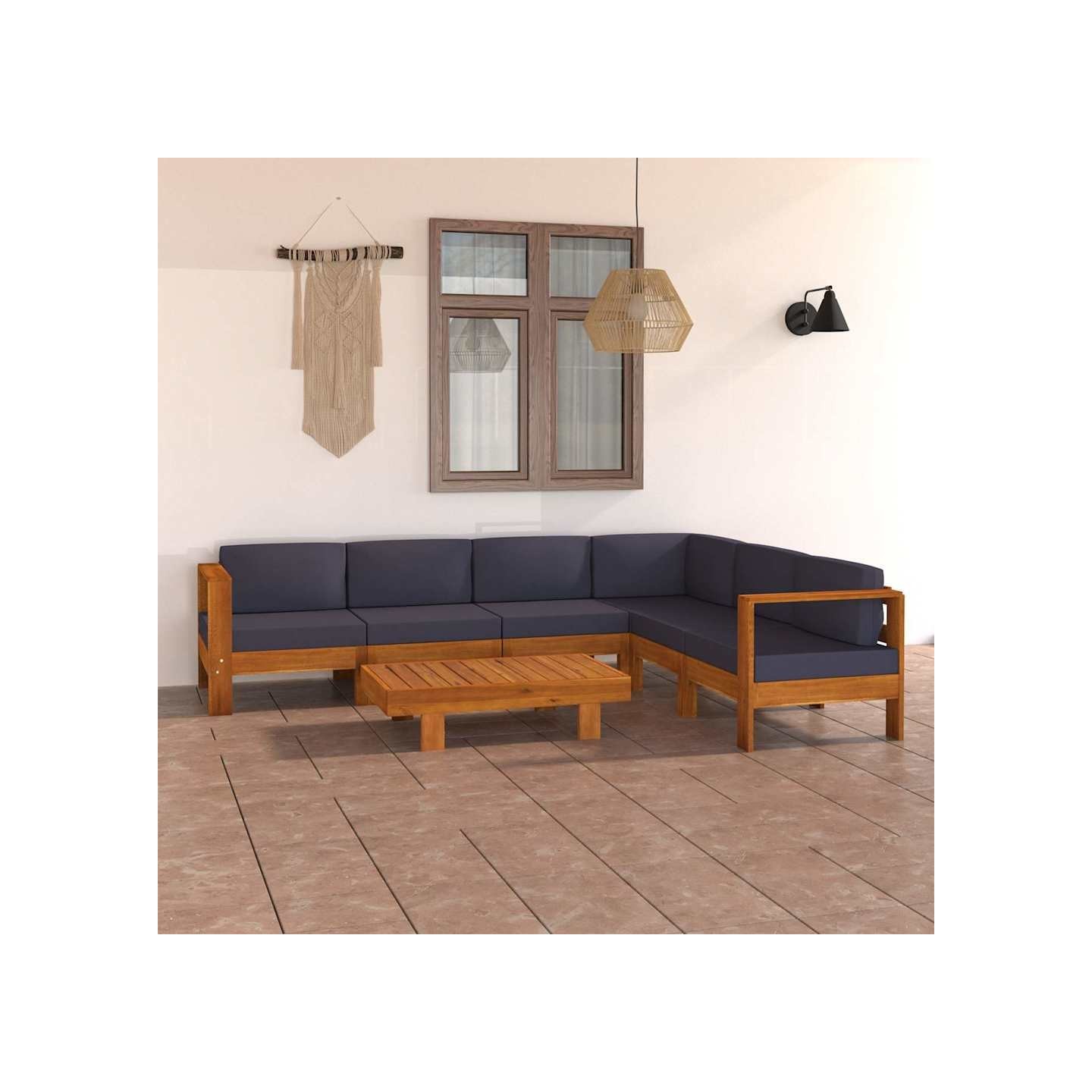 Salon de jardin 7 pcs avec coussins gris foncé Bois d'acacia