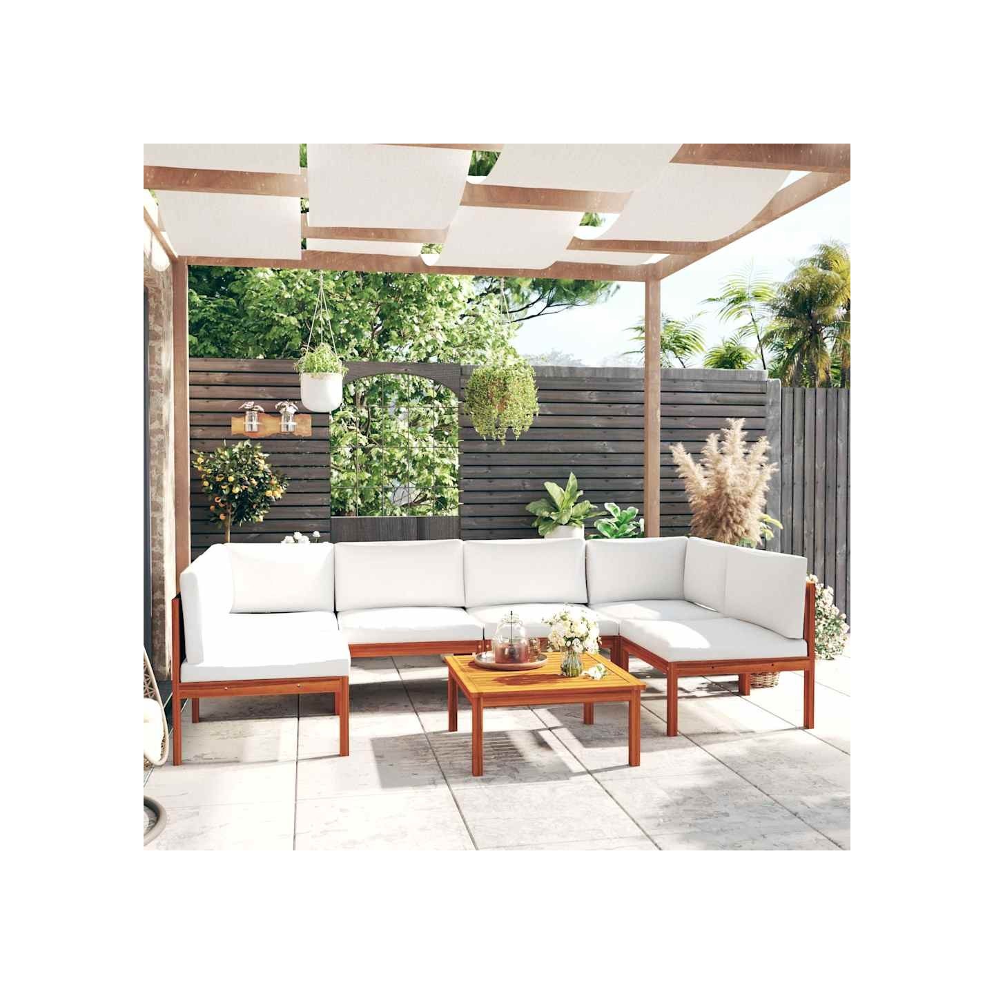 Salon de jardin 7 pièces avec coussins, bois d'acacia crème et corde