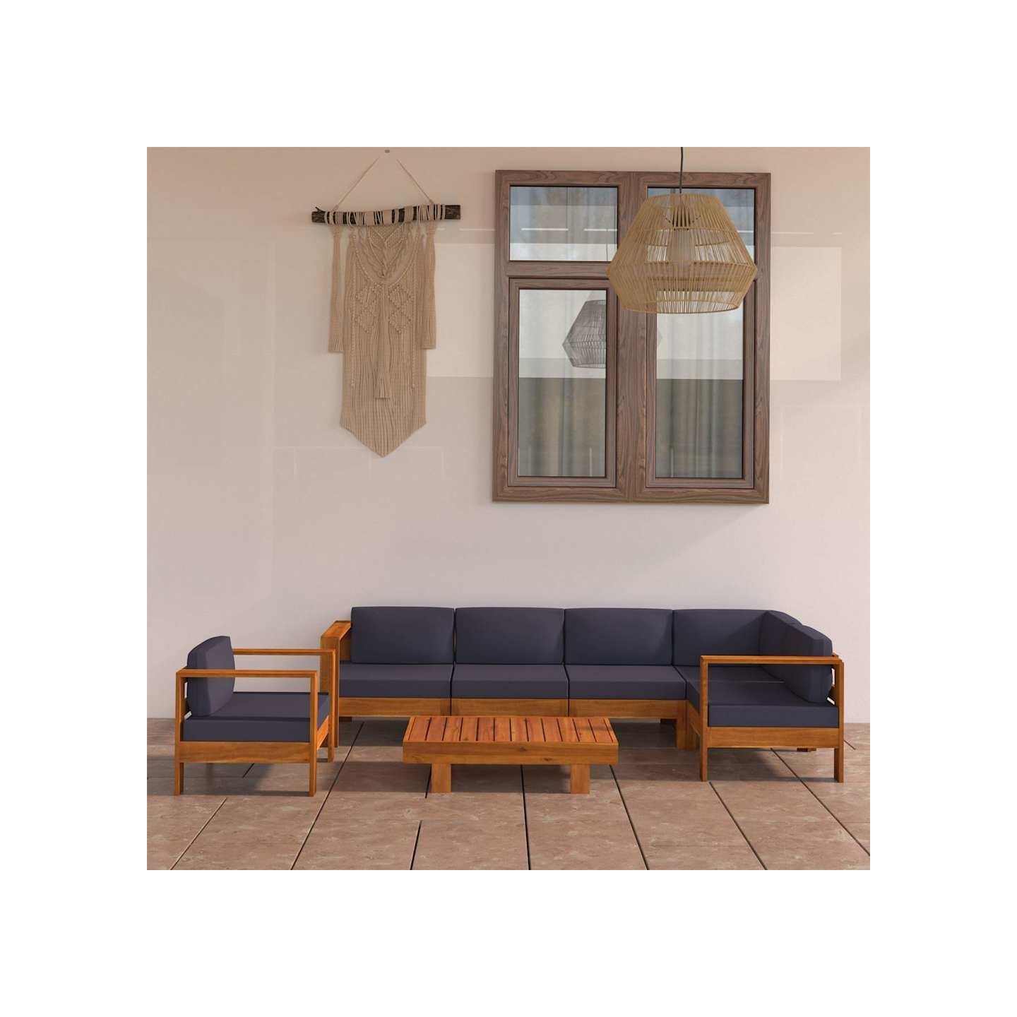 Salon de jardin 7 pcs avec coussins gris foncé Bois d'acacia