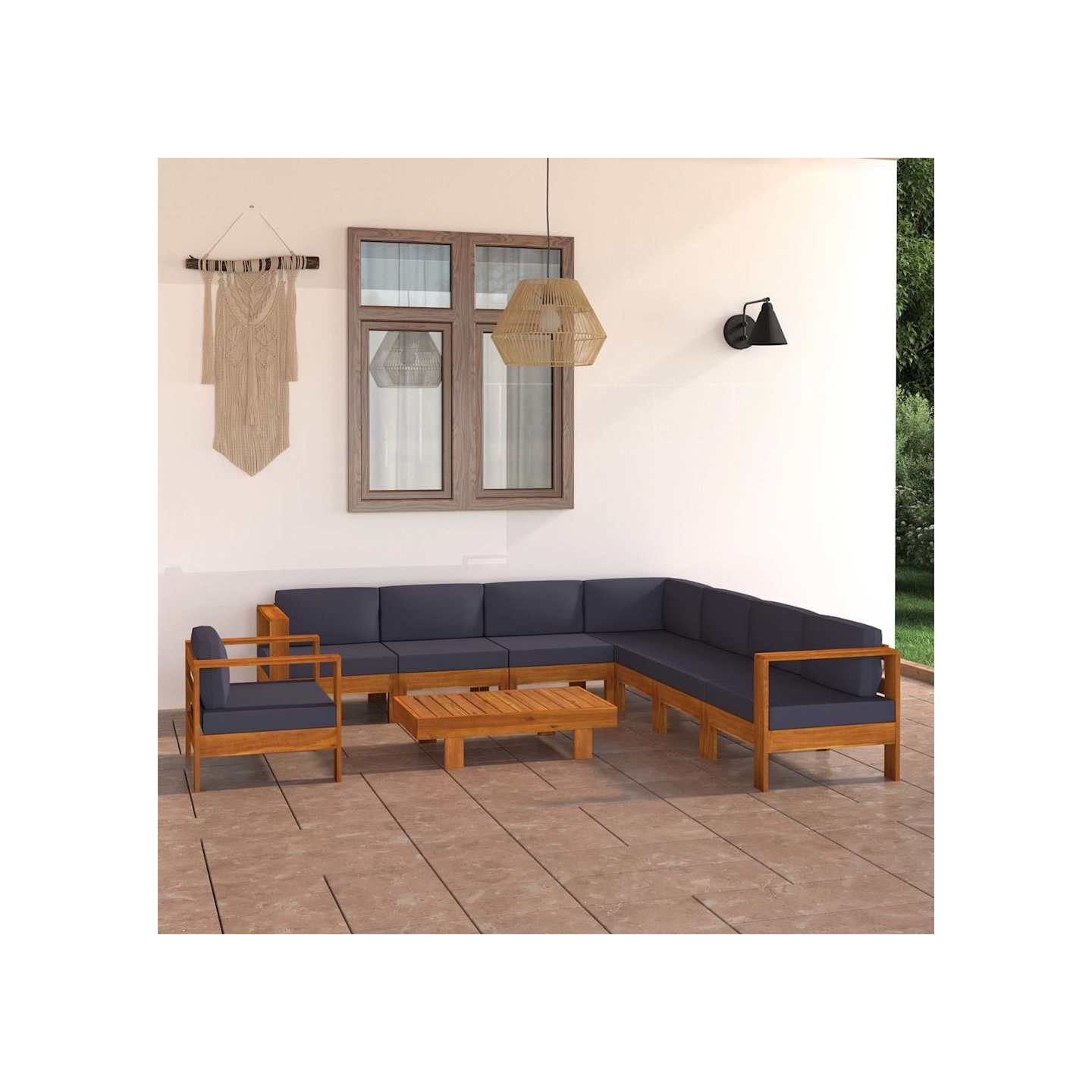 Salon de jardin 9 pcs avec coussins gris foncé Bois d'acacia