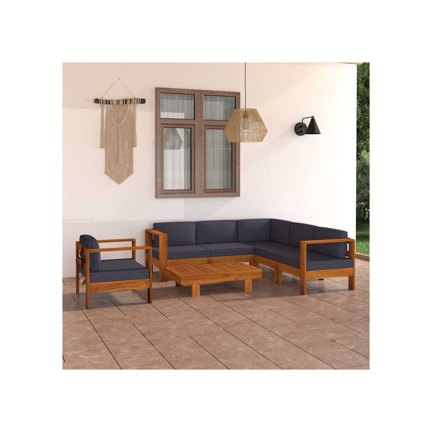 Salon de jardin 7 pcs avec coussins gris foncé Bois d'acacia