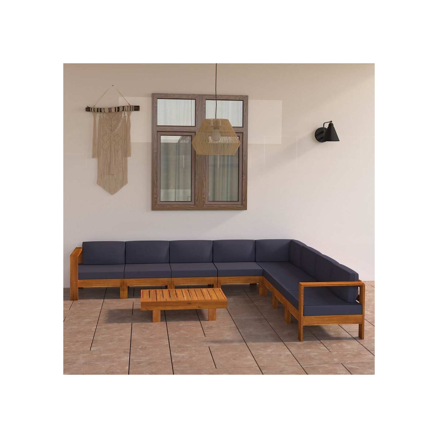 Salon de jardin 9 pcs avec coussins gris foncé Bois d'acacia