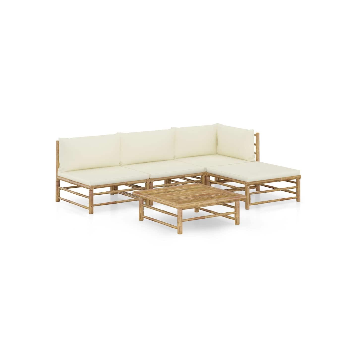 Salon de jardin 5 pcs avec coussins blanc crème bambou