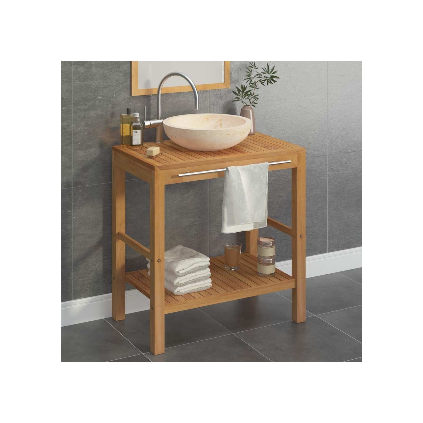 Armoire de toilette en teck solide avec lavabo en marbre Crème